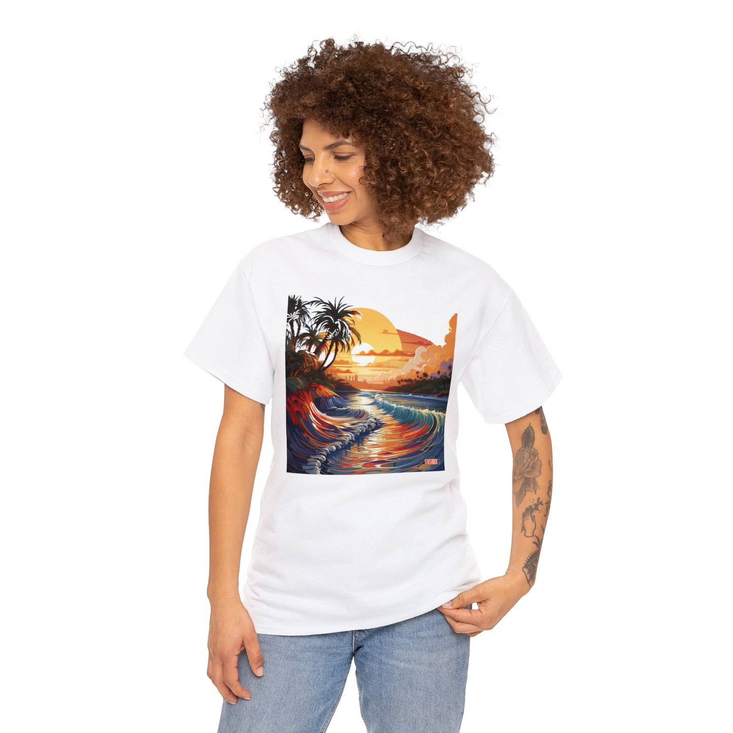 Stunning Sunset Beach Waves Art - Unisex Heavy Cotton Tee - Waves Design #057