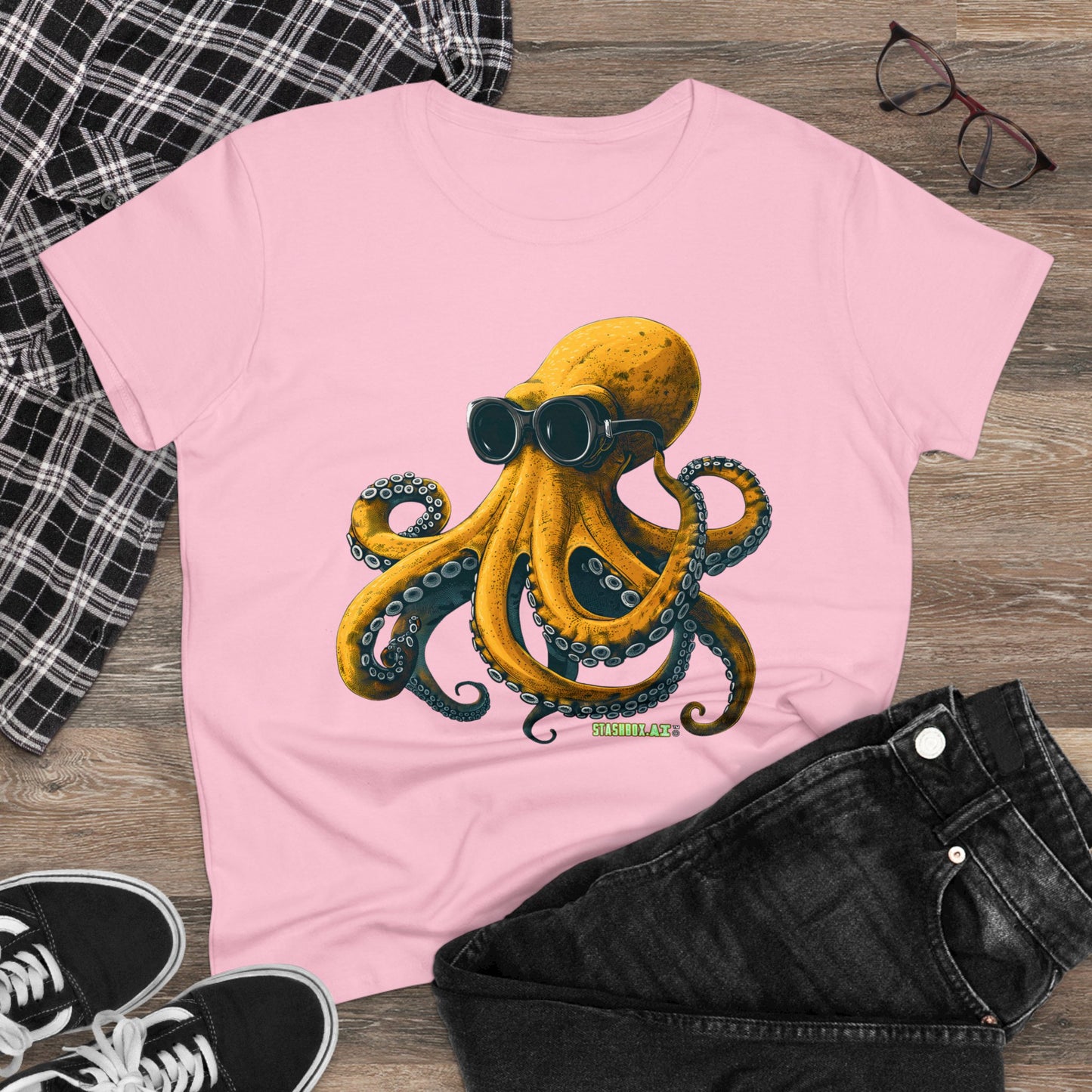 Women's Midweight Cotton Tshirt Yellow Octopus wearing goggles 001