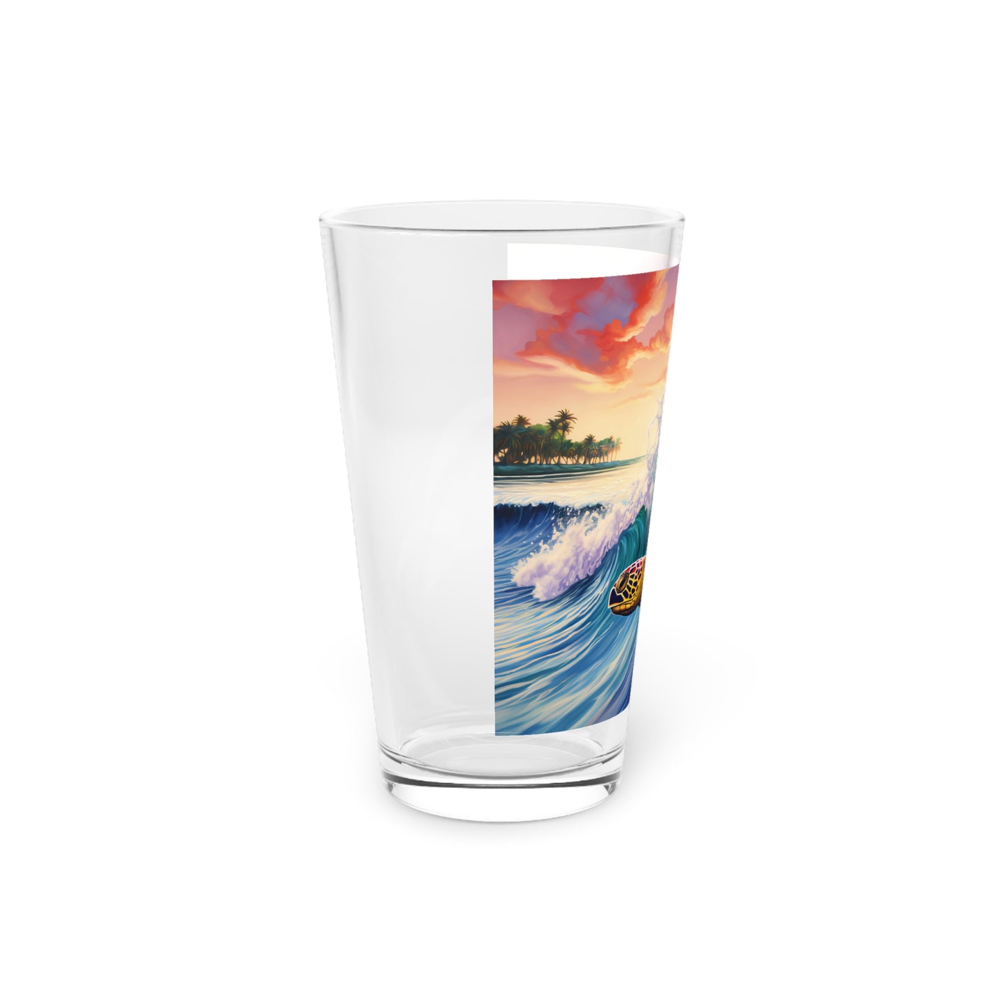 Experience the allure of Hawaiian waters with our Turtle Surfing Waves Pint Glass. Waves Design #009 graces this 16oz glass, exclusively crafted by Stashbox, capturing the grace of turtles riding the vibrant waves.