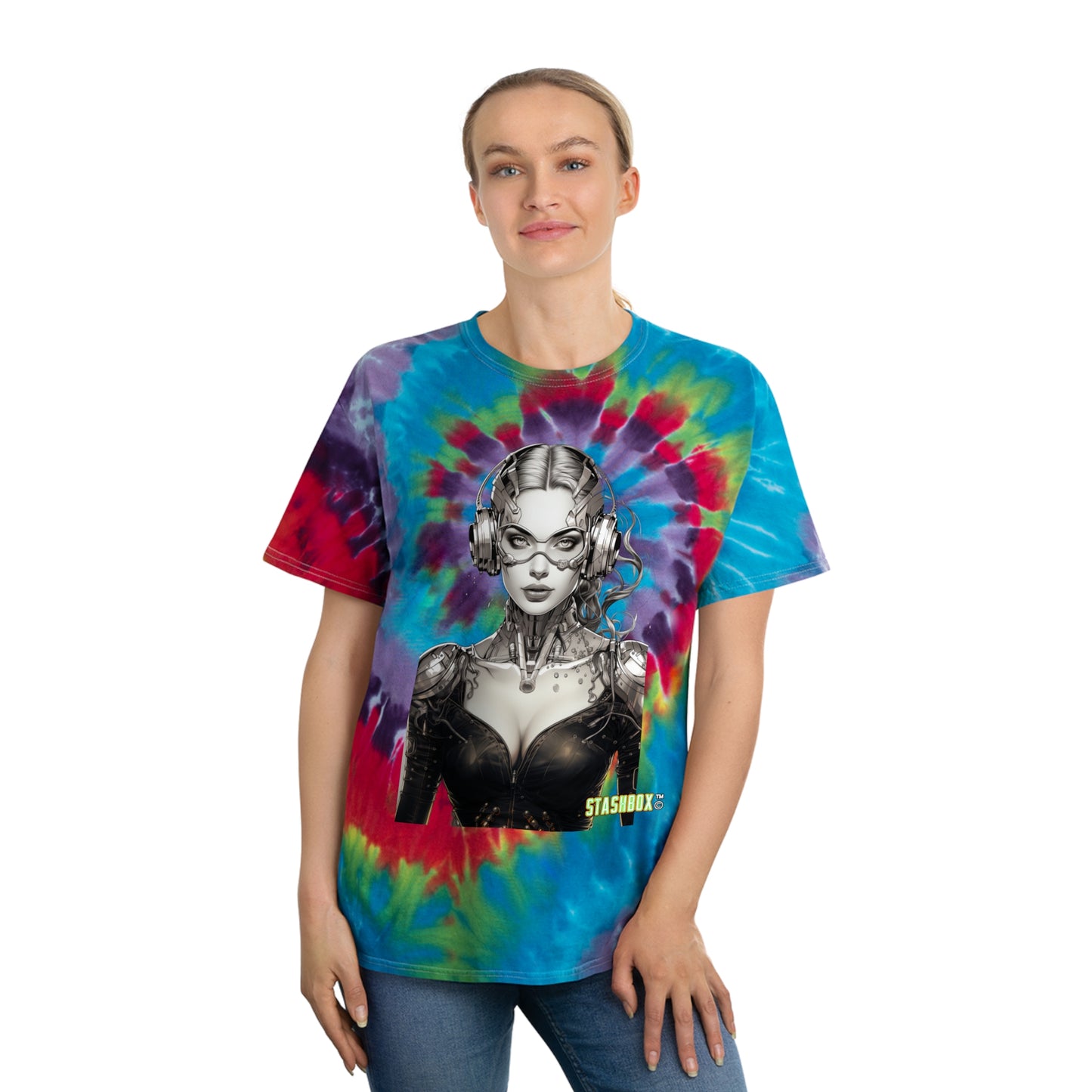 Explore the unknown with our Epic Spiral Tie-Dye Tee Shirt featuring the Silver Stunner. Stashbox Character Design #001. Your style, your galaxy, exclusively at Stashbox.ai.