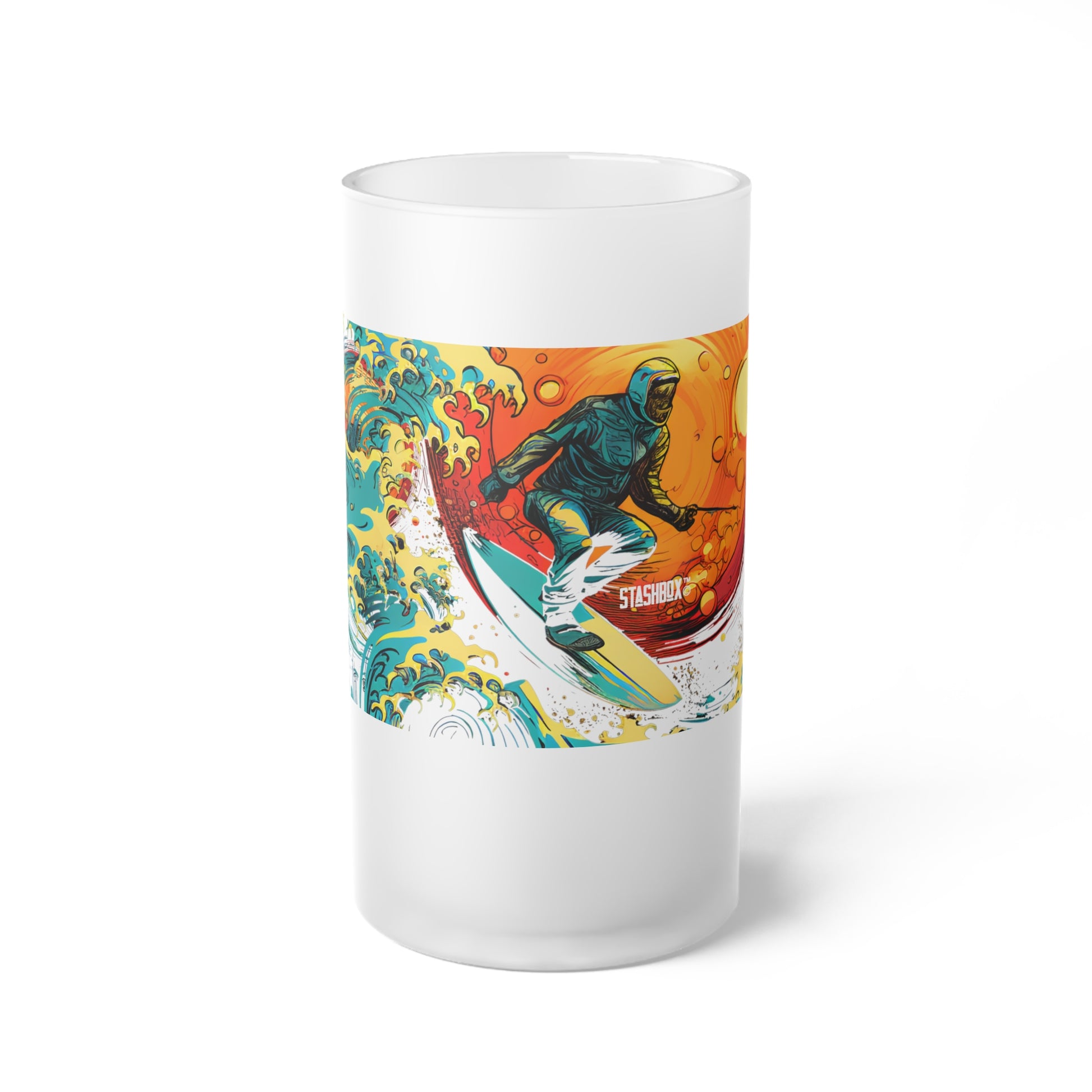 Elevate your drinking experience with our Surfing Astronaut Space Wave Frosted Glass Mug. Perfect for space enthusiasts and surf lovers alike. Dive into the cosmos!