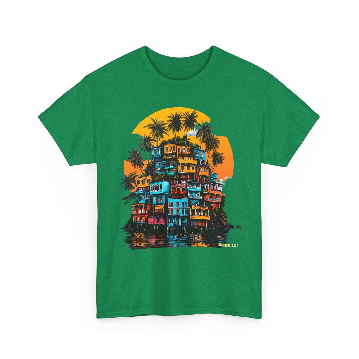 Favella Art Heavy Cotton Tshirt Stacked Buildings Palm Trees Giant Sun 001