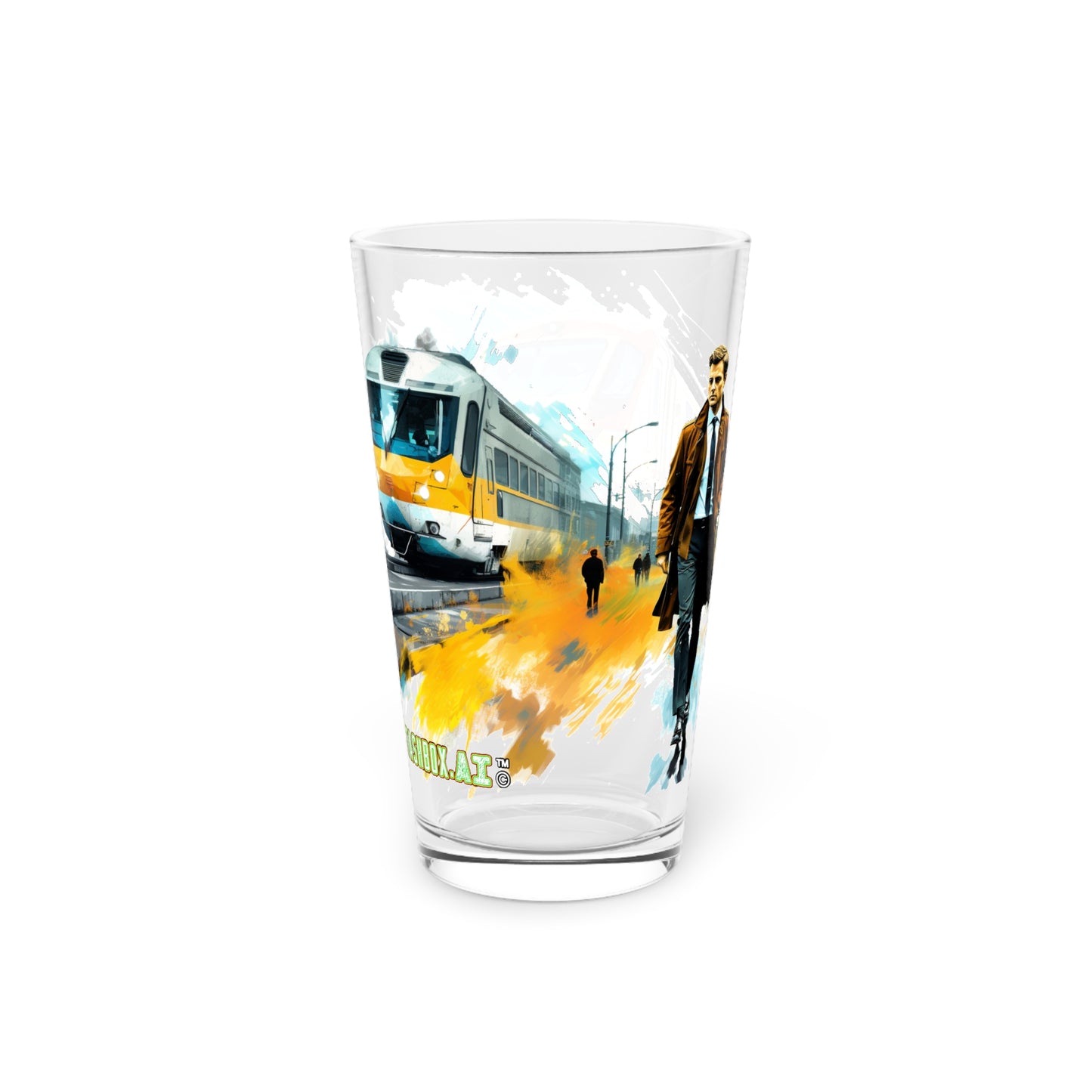 16oz Glass with Bauhaus Trains Design - Stashbox Collection