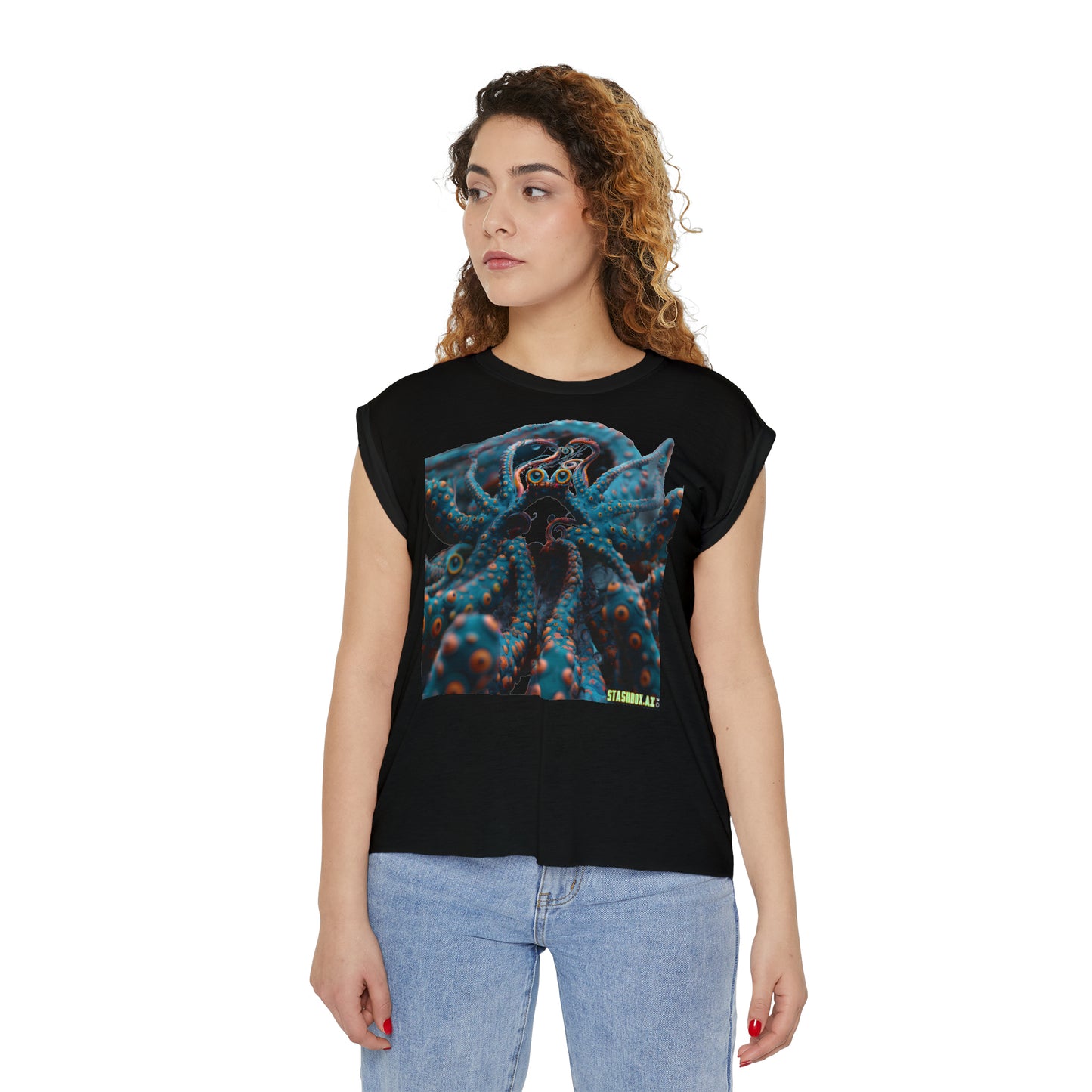 Women’s Flowy Rolled Cuffs Muscle Tee Turquoise Sea Creature  001