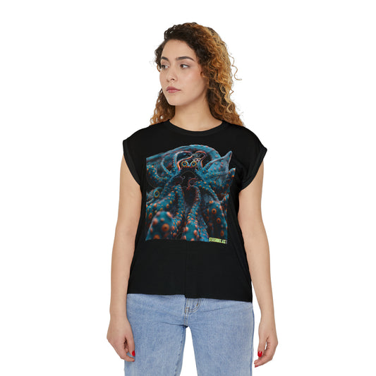 Women’s Flowy Rolled Cuffs Muscle Tee Turquoise Sea Creature  001