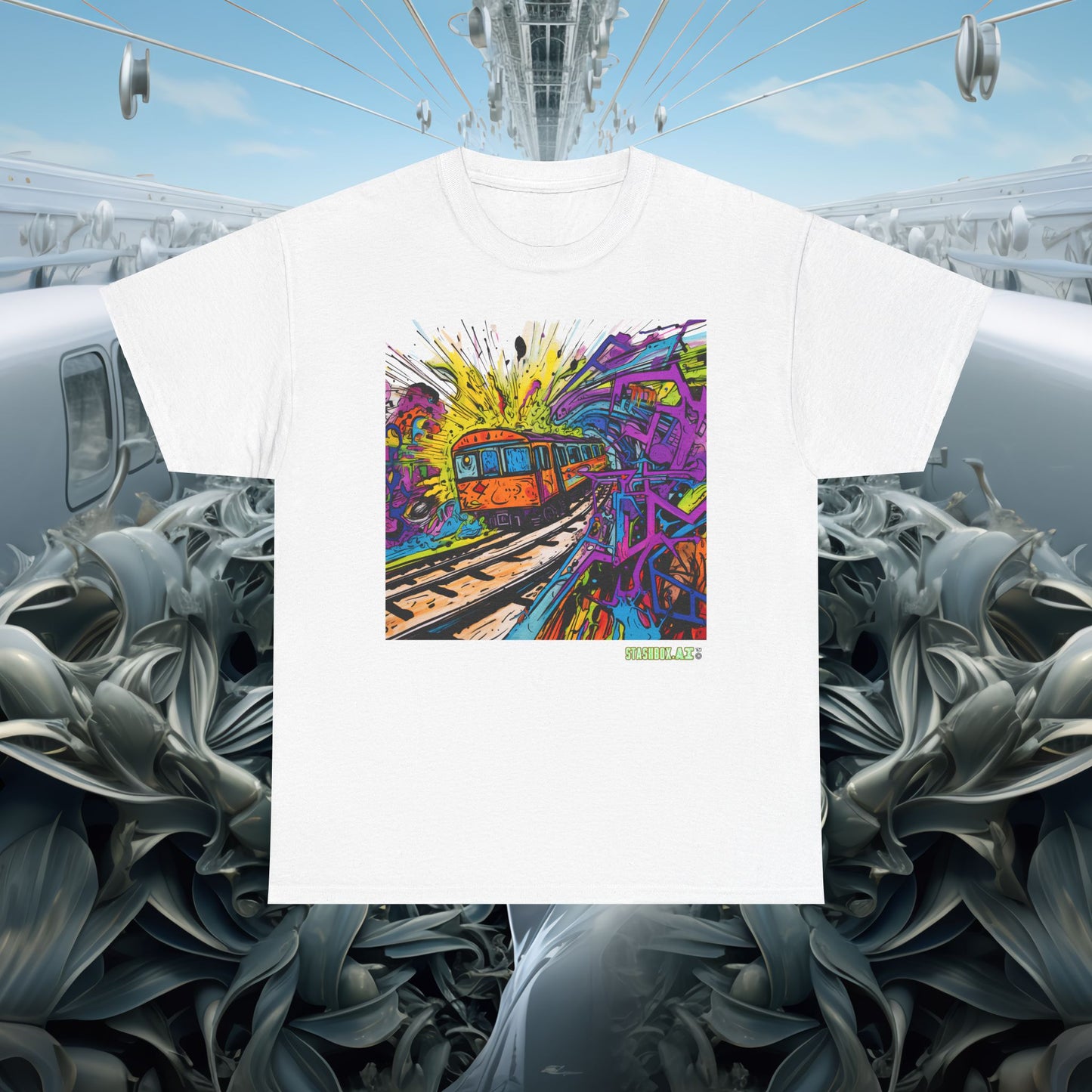 Insane Vibrant Color Train Roaring Down Track -  Unisex Heavy Cotton Tee - Stashbox Train Design 018