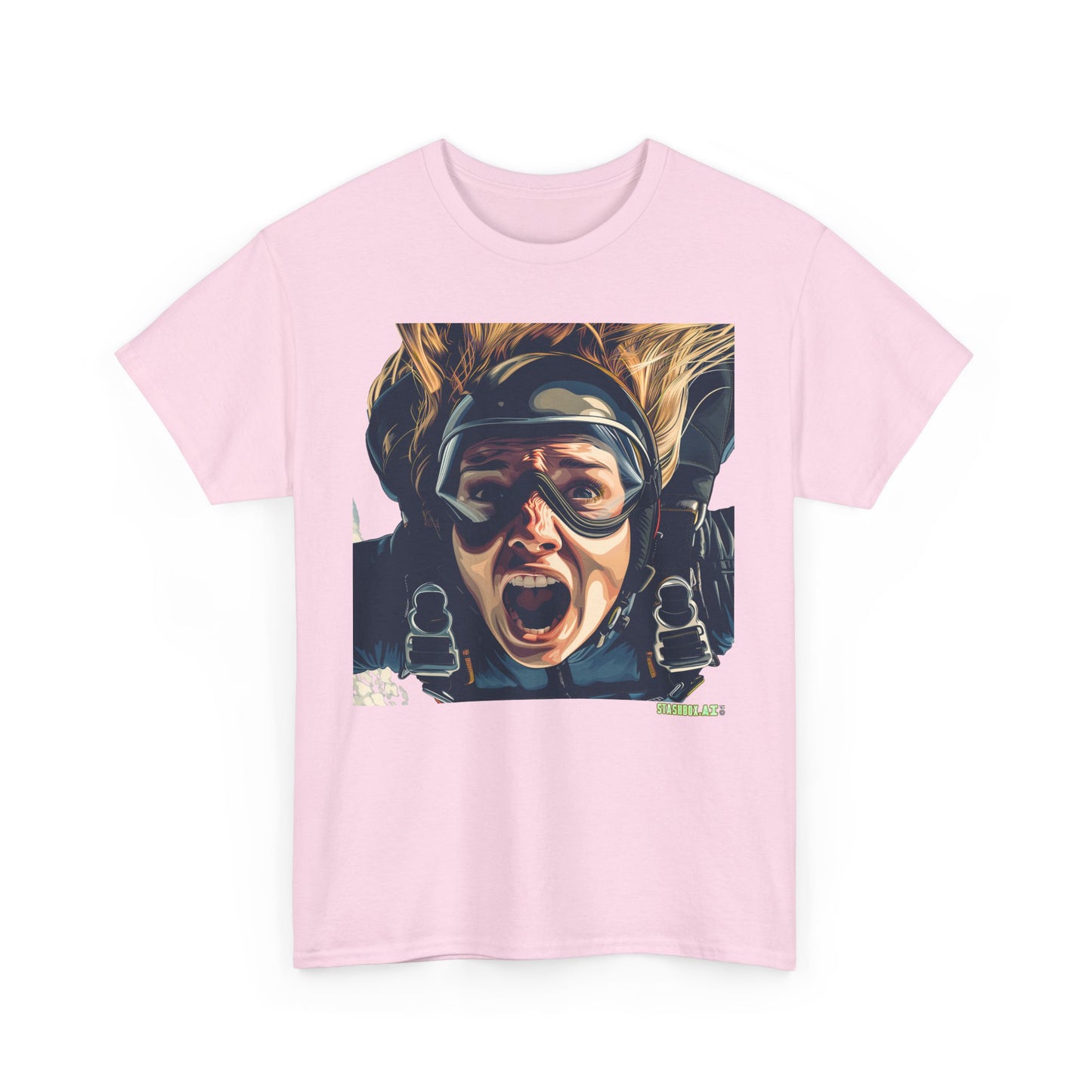 Unisex Adult Size Heavy Cotton Tshirt Beautiful Girl Mid-Skydiving terrified face - 023