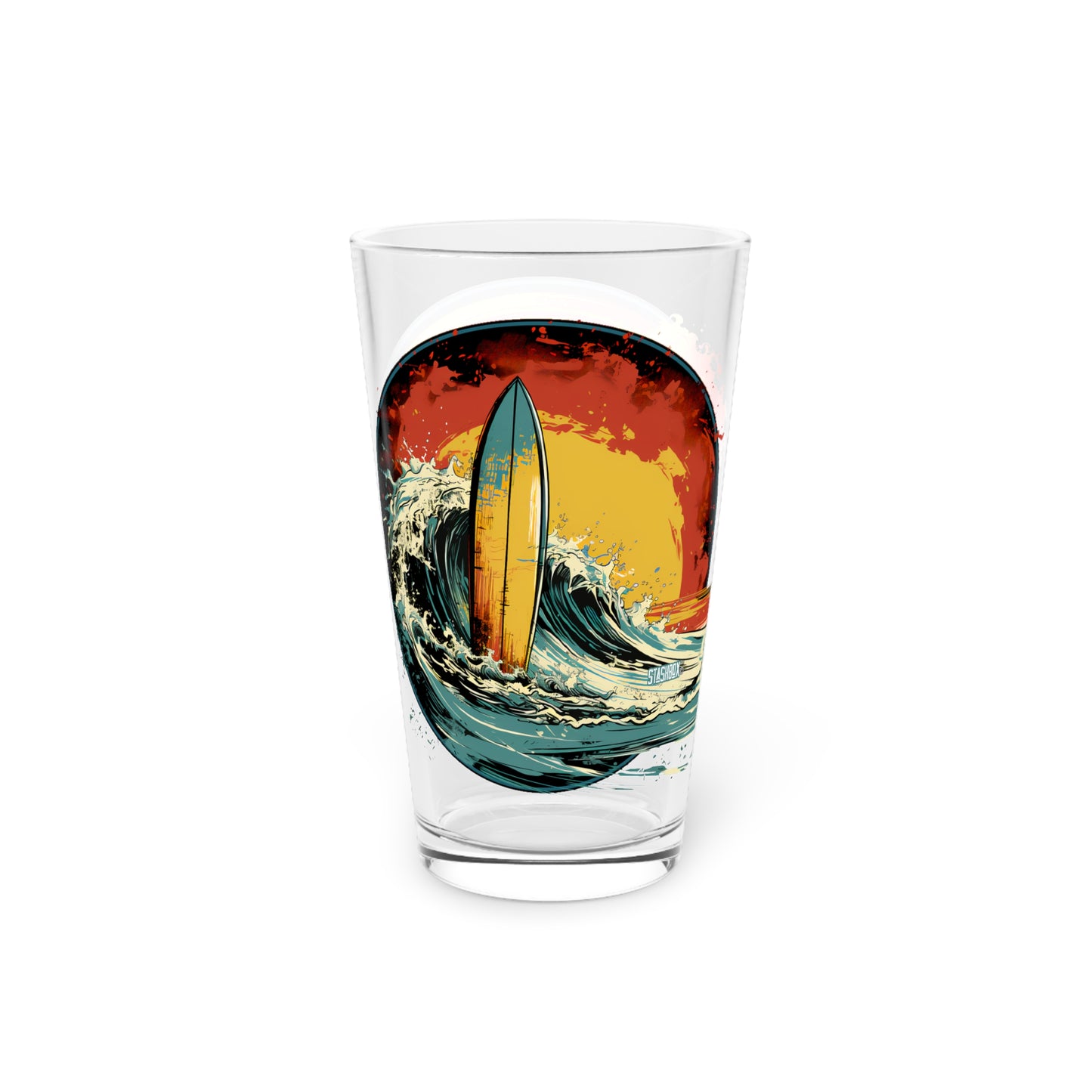 Pint Glass, 16oz Surfboard & Wave Sunset Art 2-in-1 Designs 047a 047b