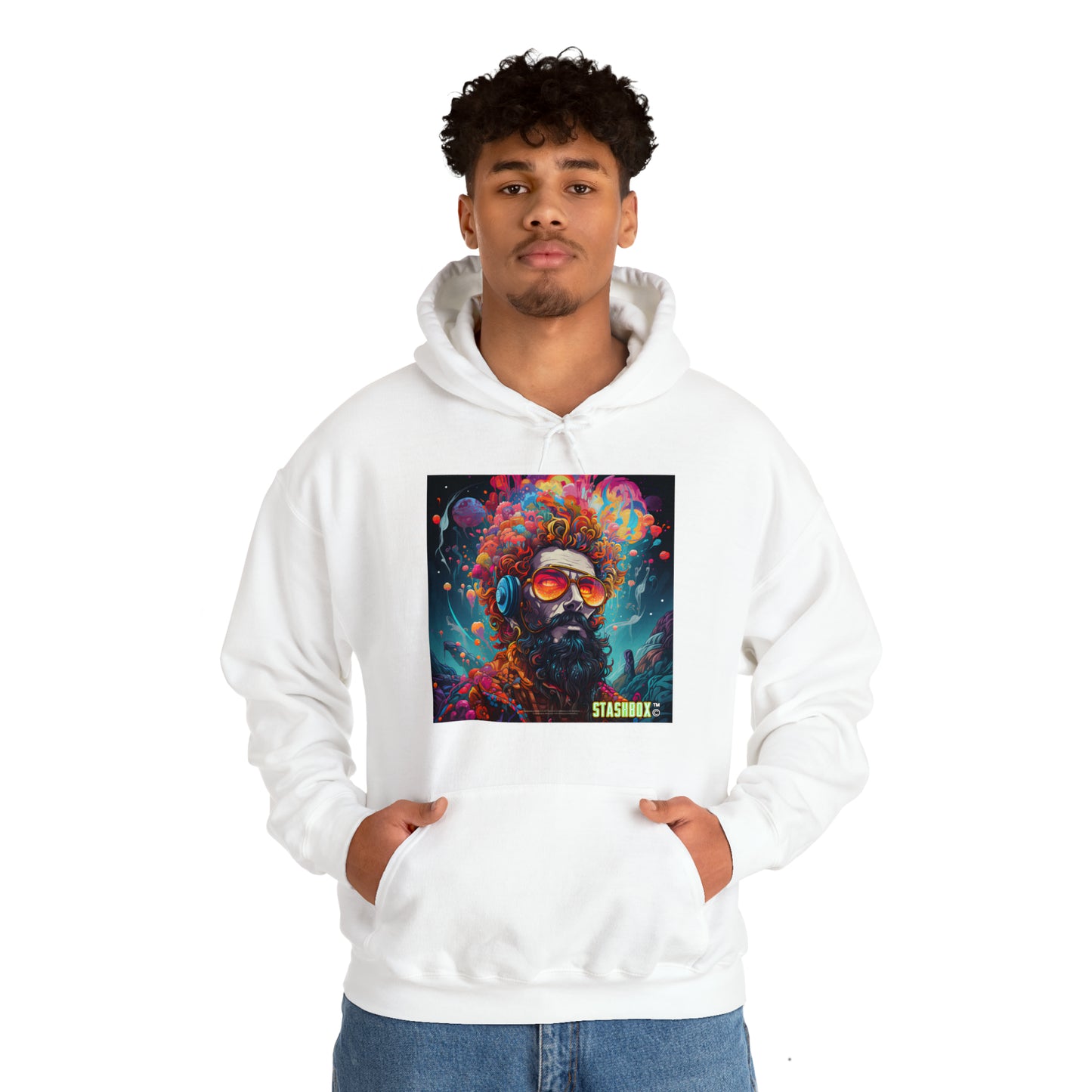 Step into the vibrant world of the Psychedelic MetaVerse with our Producer's Psychedelic Design #003 Hooded Sweatshirt. Digital creativity on fabric, exclusively at Stashbox.ai.