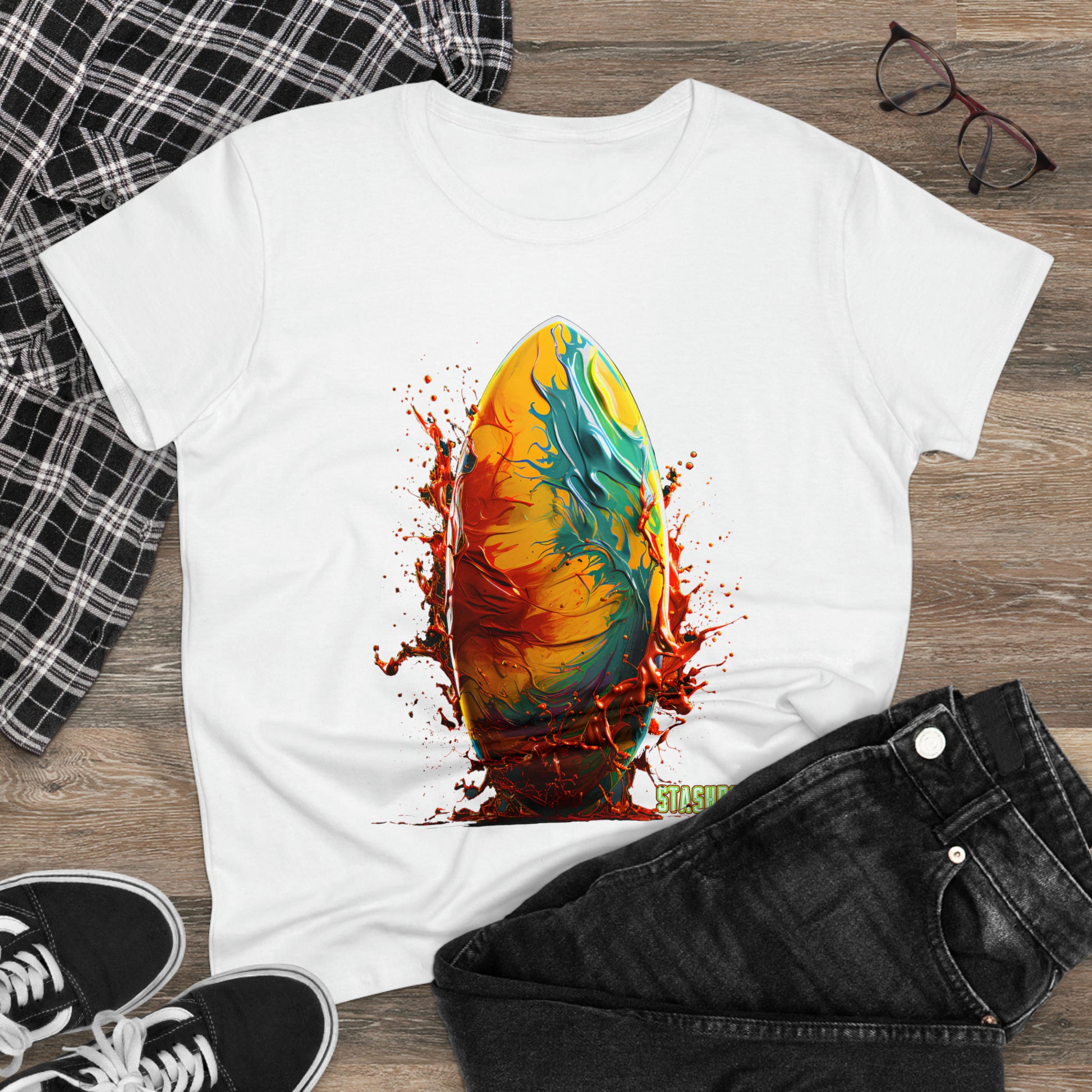 Surf in Style: Dive into the colorful world of surfboard art with our Women's Midweight Cotton Tee - Surfboard Design #009. Vibrant paint strokes meet comfortable fabric, making this tee perfect for beach days and beyond. 🌊👚 #SurfboardArtistry #BeachFashion #StashboxTees