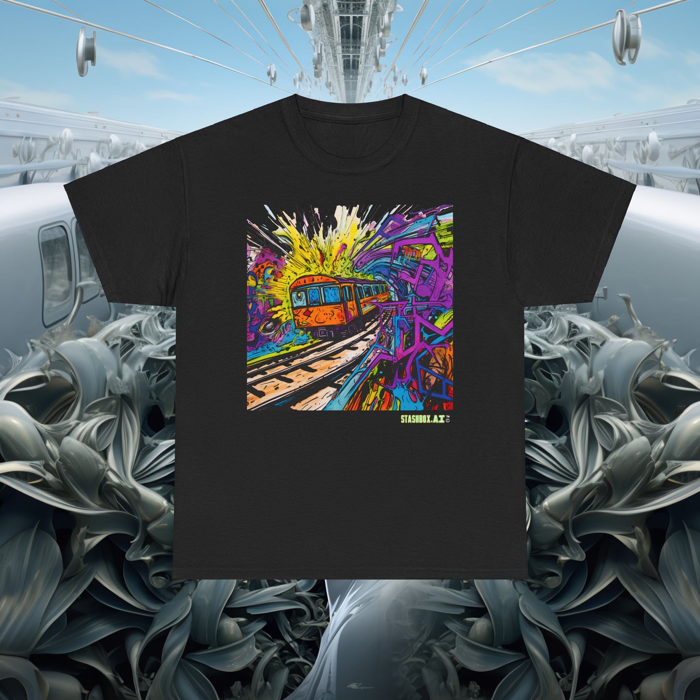 Insane Vibrant Color Train Roaring Down Track -  Unisex Heavy Cotton Tee - Stashbox Train Design 018