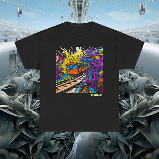 Insane Vibrant Color Train Roaring Down Track -  Unisex Heavy Cotton Tee - Stashbox Train Design 018