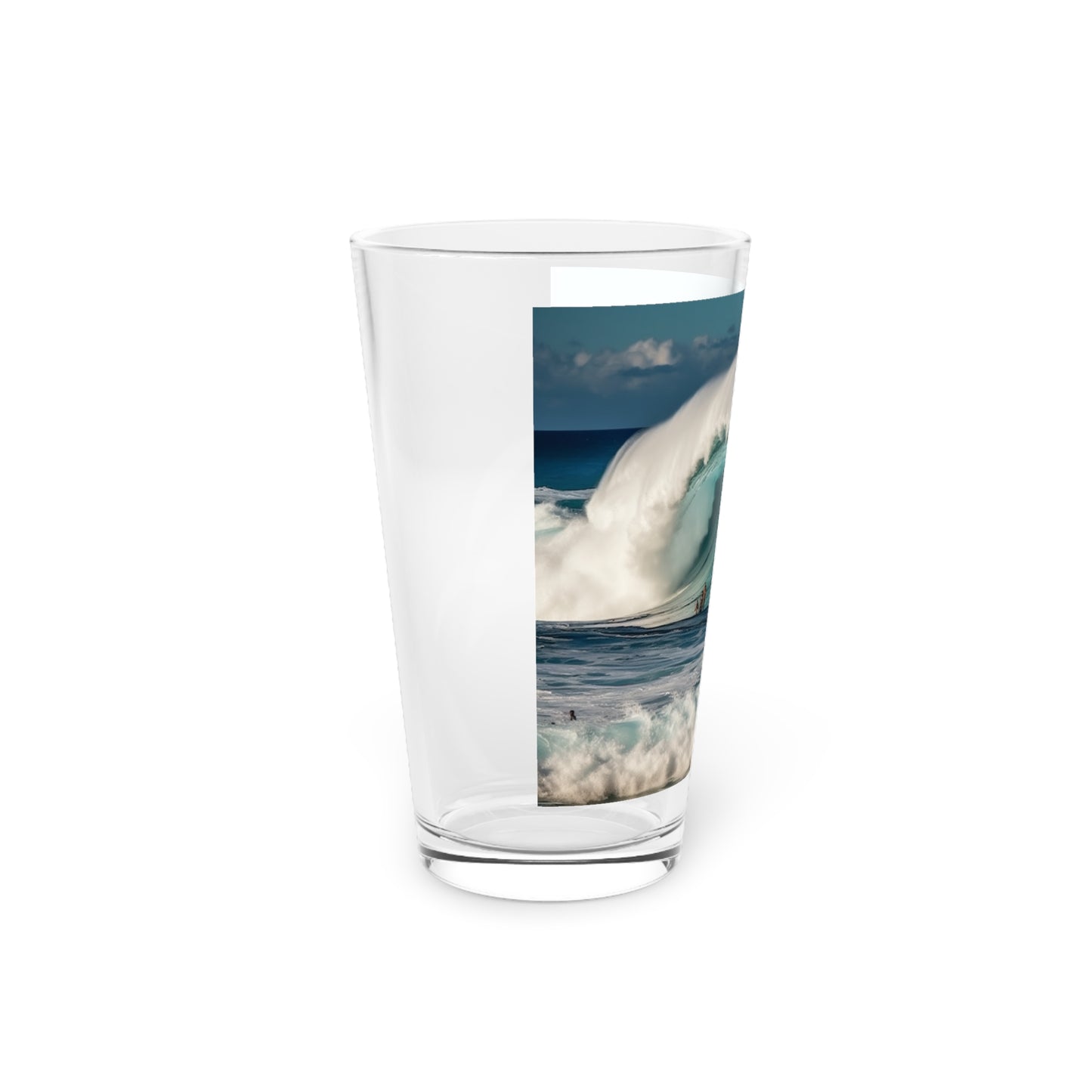 Dive into the waves of Pipeline: North Shore, Oahu, Hawaii, US with this Pint Glass. Surfing's soul in a glass, exclusively at Stashbox.ai.