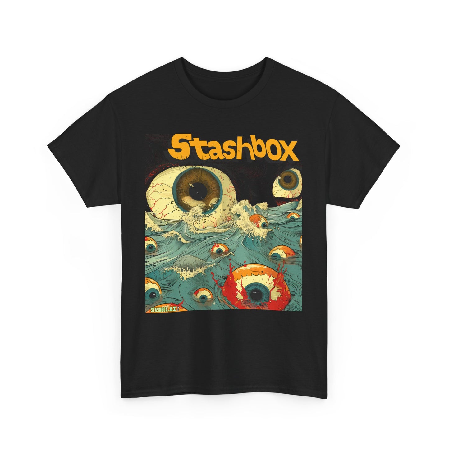 Unisex Heavy Cotton Tee Stashbox Eyeballs in Ocean Waves Design 002