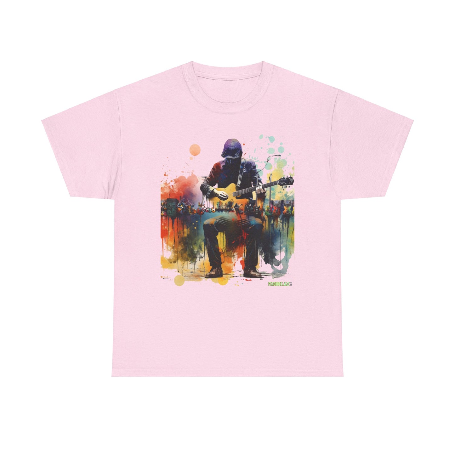 Unisex Adult Size Heavy Cotton Tshirt Colorful Guitarist and Guitars 007