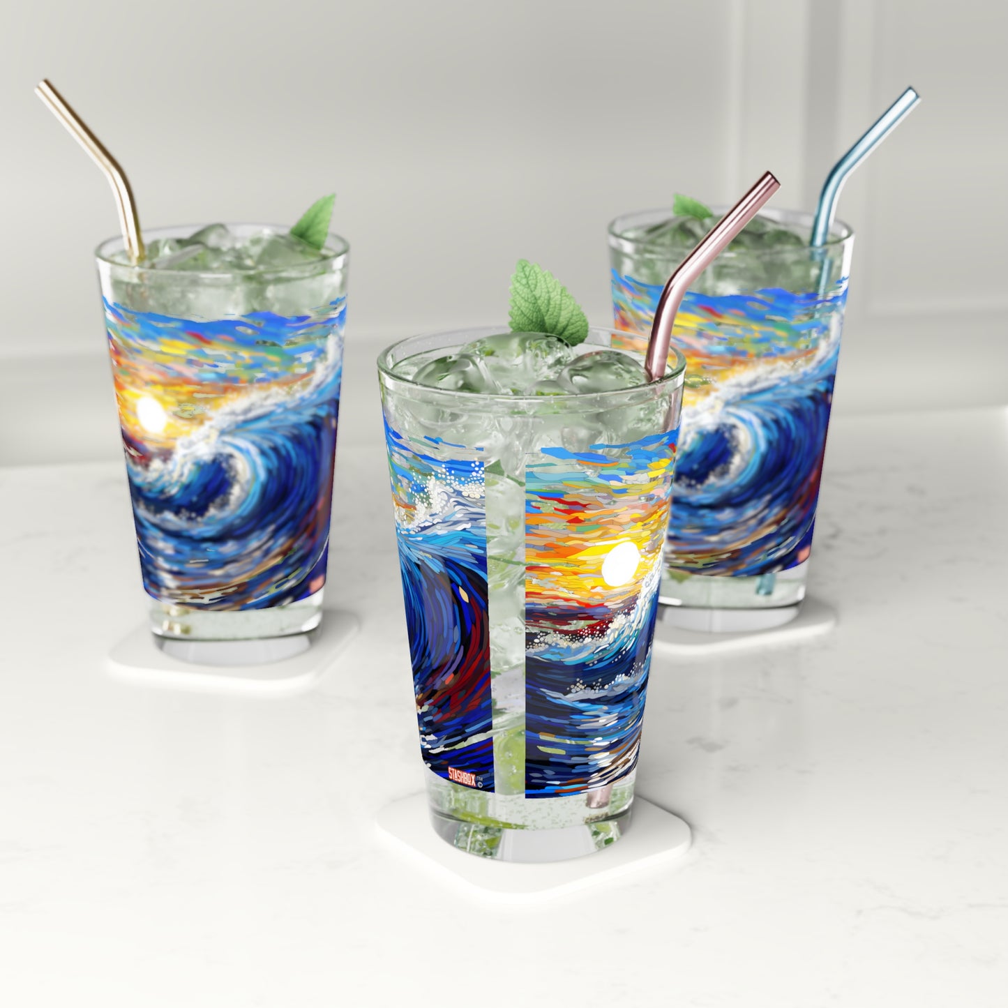 Pint Glass 16oz Huge Ocean Wave Paint by Number Style, Waves 056