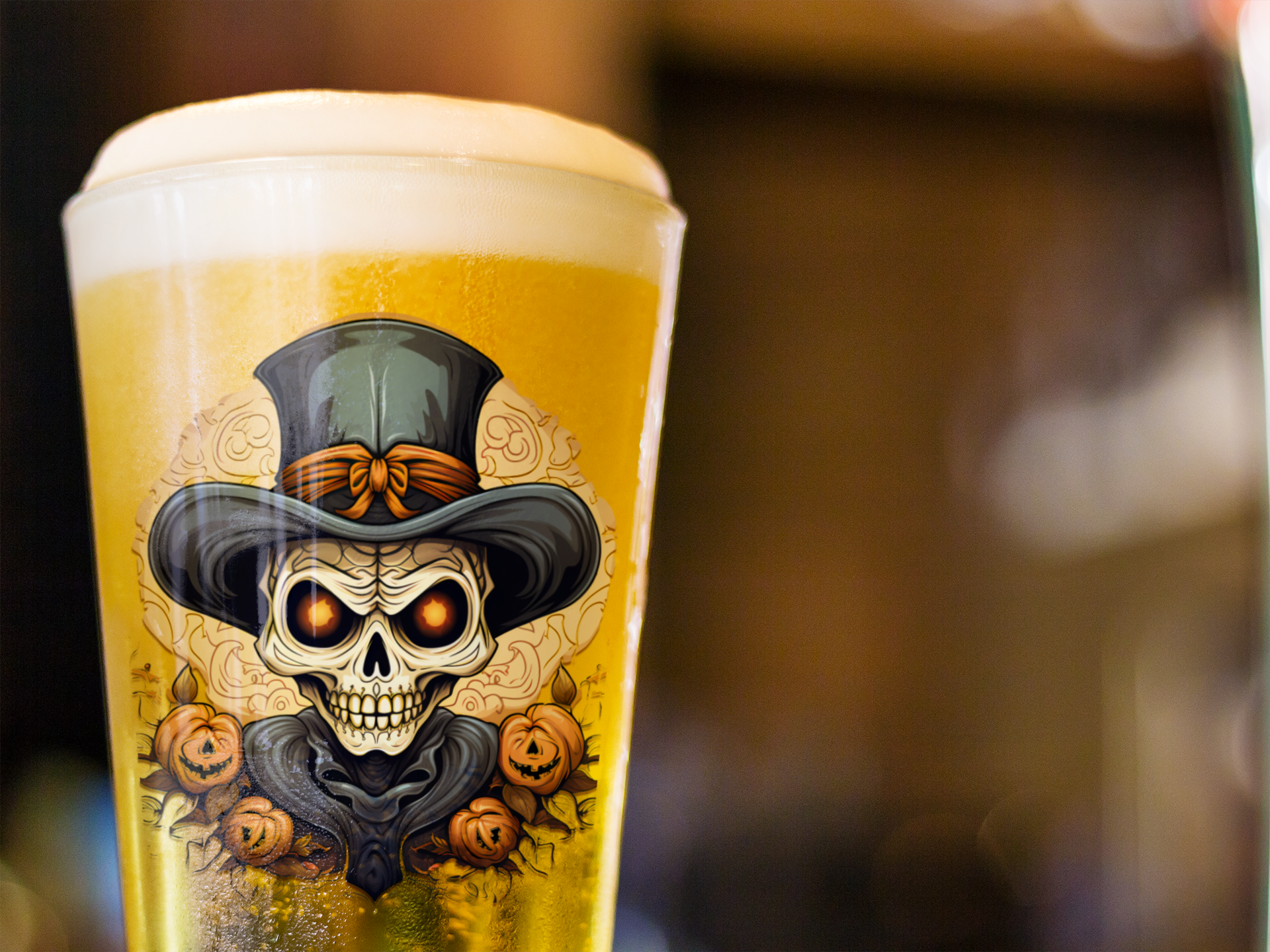 Elevate your Halloween gatherings with our Halloween Skeleton Head w/Top Hat Pint Glass. Featuring Stashbox Halloween Design #002, this 16oz glass showcases a Halloween skeleton in the intricate style of clowncore. Experience the fusion of Eastern and Western art elements, heavy chiaroscuro, and aurorapunk aesthetics, all in ultra-high definition. A perfect blend of official art and Halloween spookiness.