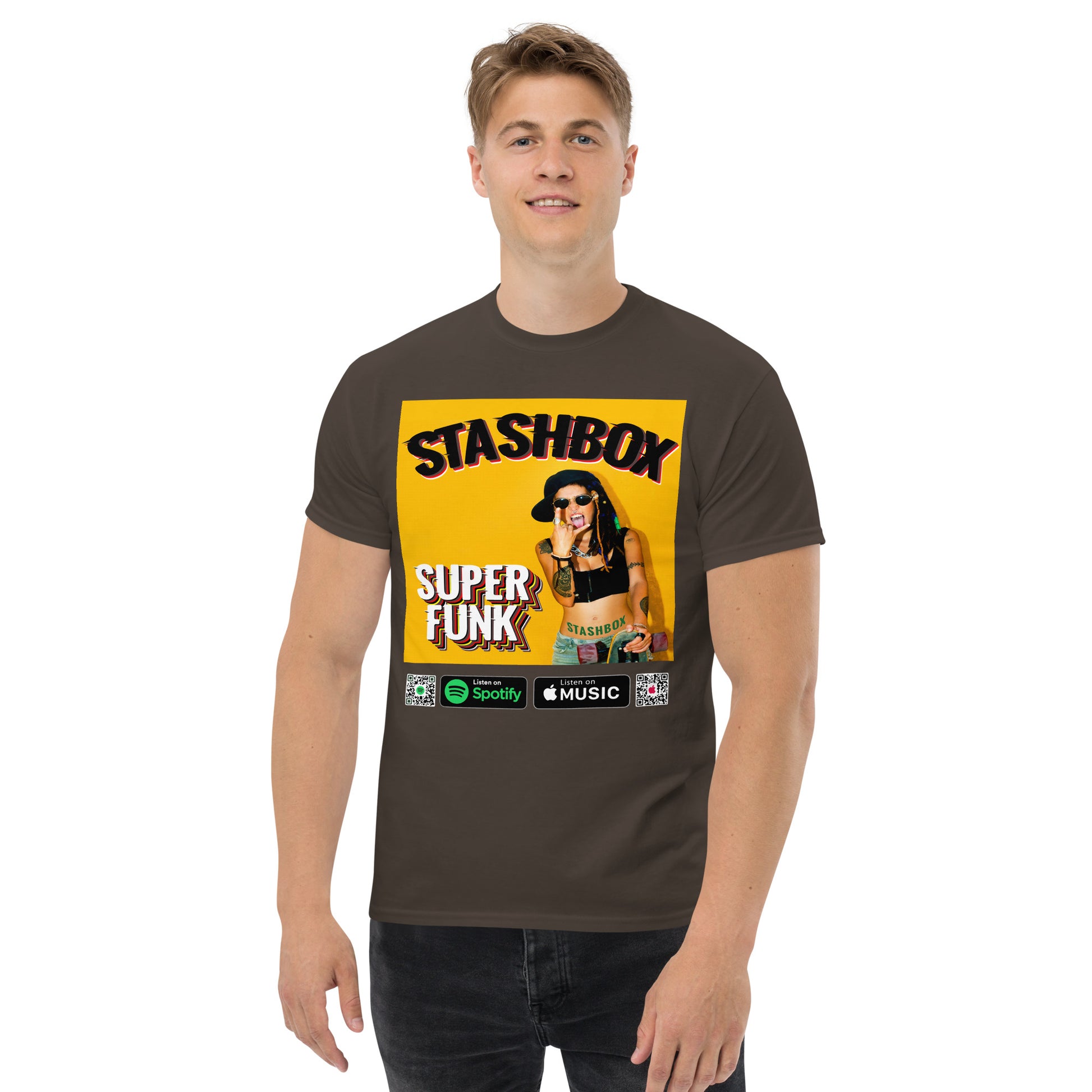 Funk Up Your Wardrobe: Super Funk Men's Classic Tee by Stashbox. Elevate your fashion game with the essence of funk. This tee captures the funky spirit, making it a must-have for music enthusiasts. Let your wardrobe groove. #FunkyTeeStyle #MusicFueledFashion #StashboxGroove