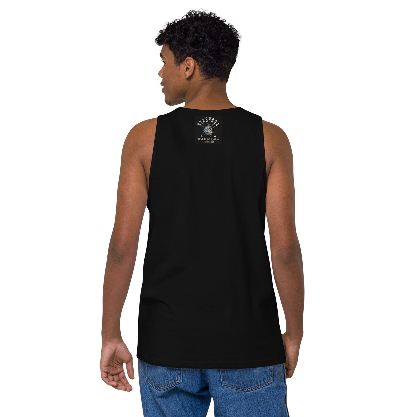 back - stashbox logo on Black Tank Top Dive into musical vibes with our Ocean Jam Men’s Premium Tank Top, Design #017. Your fashion, your gateway to musical expression, exclusively at Stashbox.ai.