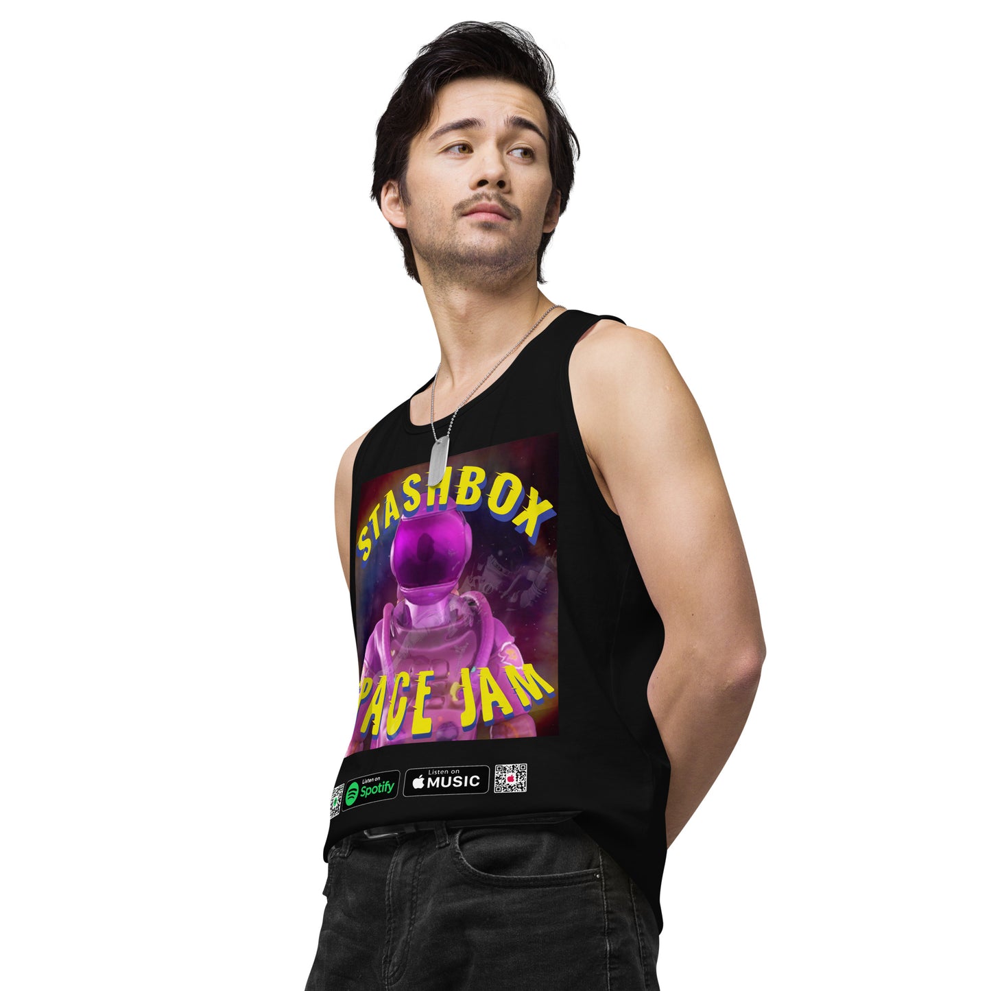 Stellar Wardrobe Addition: Space Jam - Stashbox Men’s Premium Tank Top, Design #005. Elevate your style with this cosmic tank top. Its captivating design blends art and astronomy, making it ideal for stargazers and fashion-forward individuals. #StashboxSpaceFashion #CelestialChic #GalacticComfort