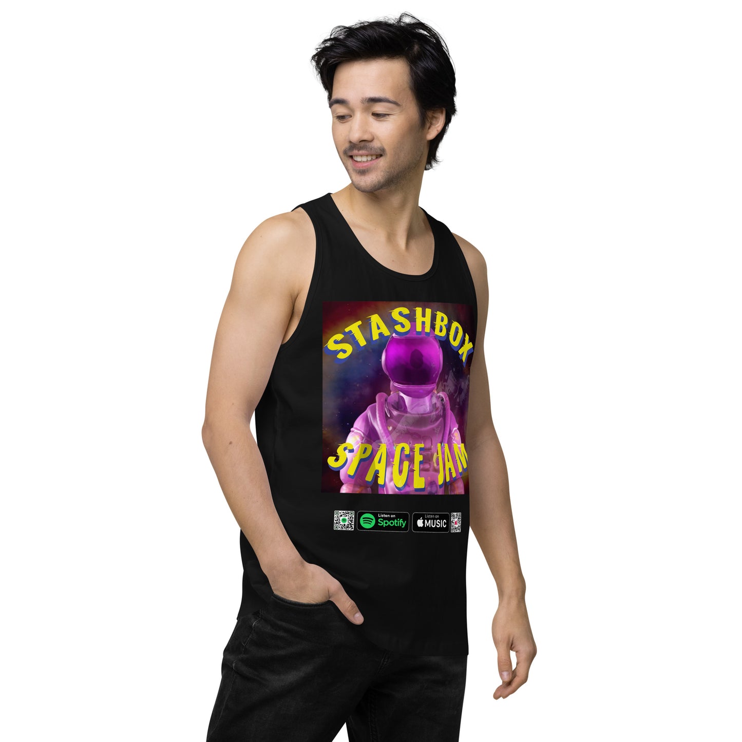 Stellar Wardrobe Addition: Space Jam - Stashbox Men’s Premium Tank Top, Design #005. Elevate your style with this cosmic tank top. Its captivating design blends art and astronomy, making it ideal for stargazers and fashion-forward individuals. #StashboxSpaceFashion #CelestialChic #GalacticComfort