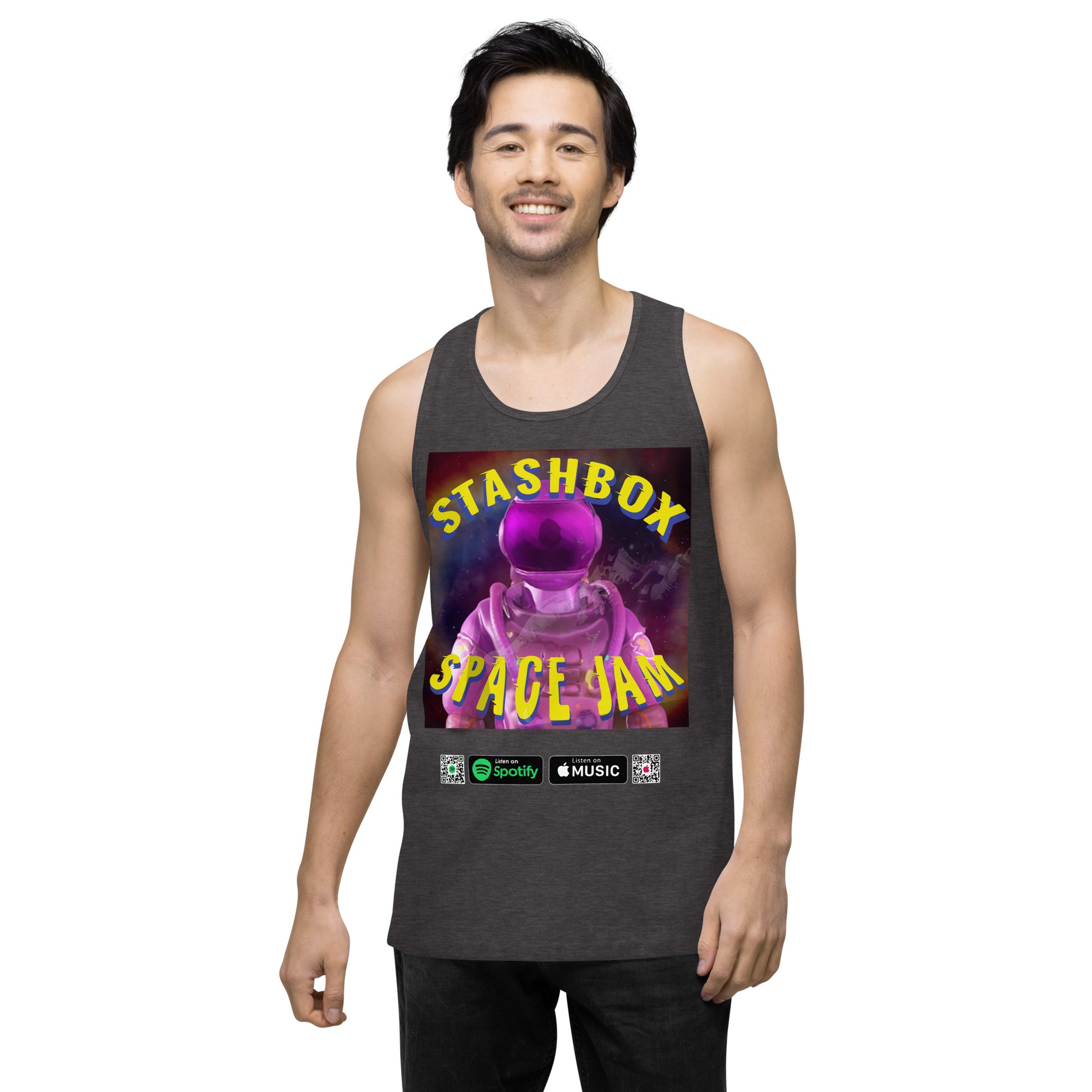 Fashion Beyond Earth: Space Jam - Stashbox Men’s Premium Tank Top, Design #005. Step into intergalactic fashion with this premium tank. A fusion of cosmic art and comfort, perfect for those who dream beyond the stars. #StashboxGalacticArt #SpaceEnthusiast #AstronomyFashion