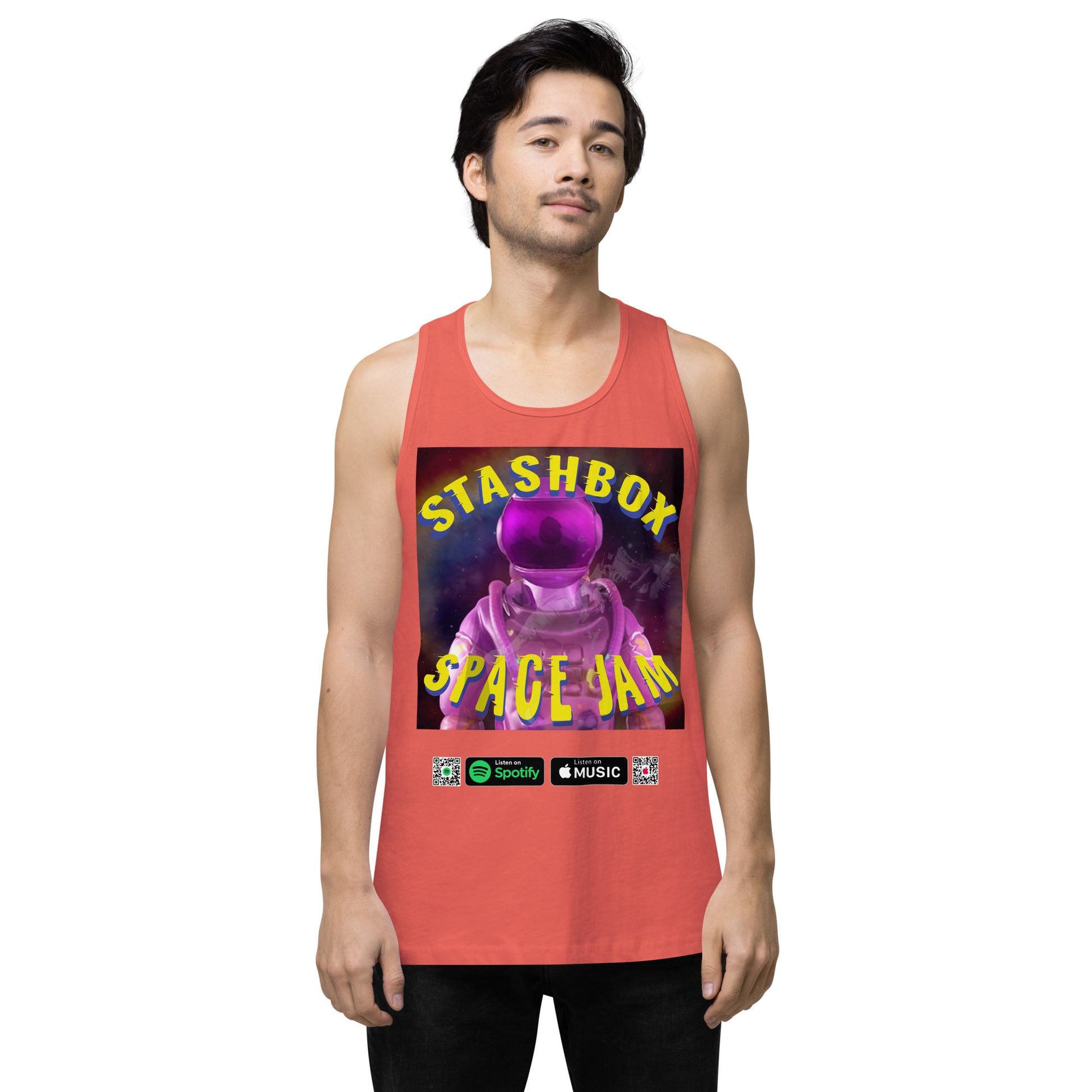 Fashion Beyond Earth: Space Jam - Stashbox Men’s Premium Tank Top, Design #005. Step into intergalactic fashion with this premium tank. A fusion of cosmic art and comfort, perfect for those who dream beyond the stars. #StashboxGalacticArt #SpaceEnthusiast #AstronomyFashion