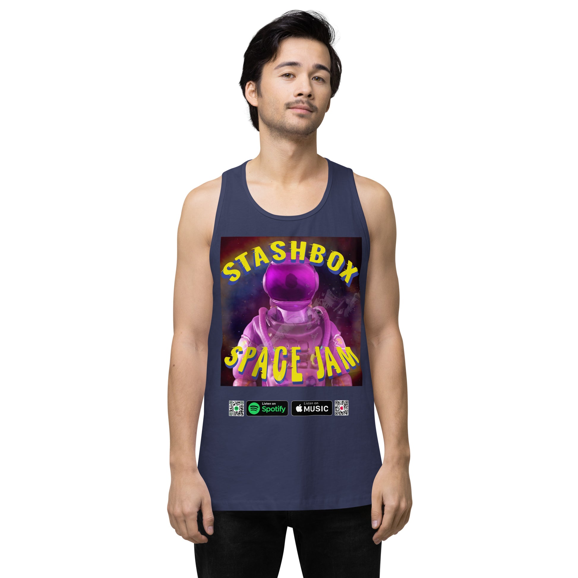 Fashion Beyond Earth: Space Jam - Stashbox Men’s Premium Tank Top, Design #005. Step into intergalactic fashion with this premium tank. A fusion of cosmic art and comfort, perfect for those who dream beyond the stars. #StashboxGalacticArt #SpaceEnthusiast #AstronomyFashion