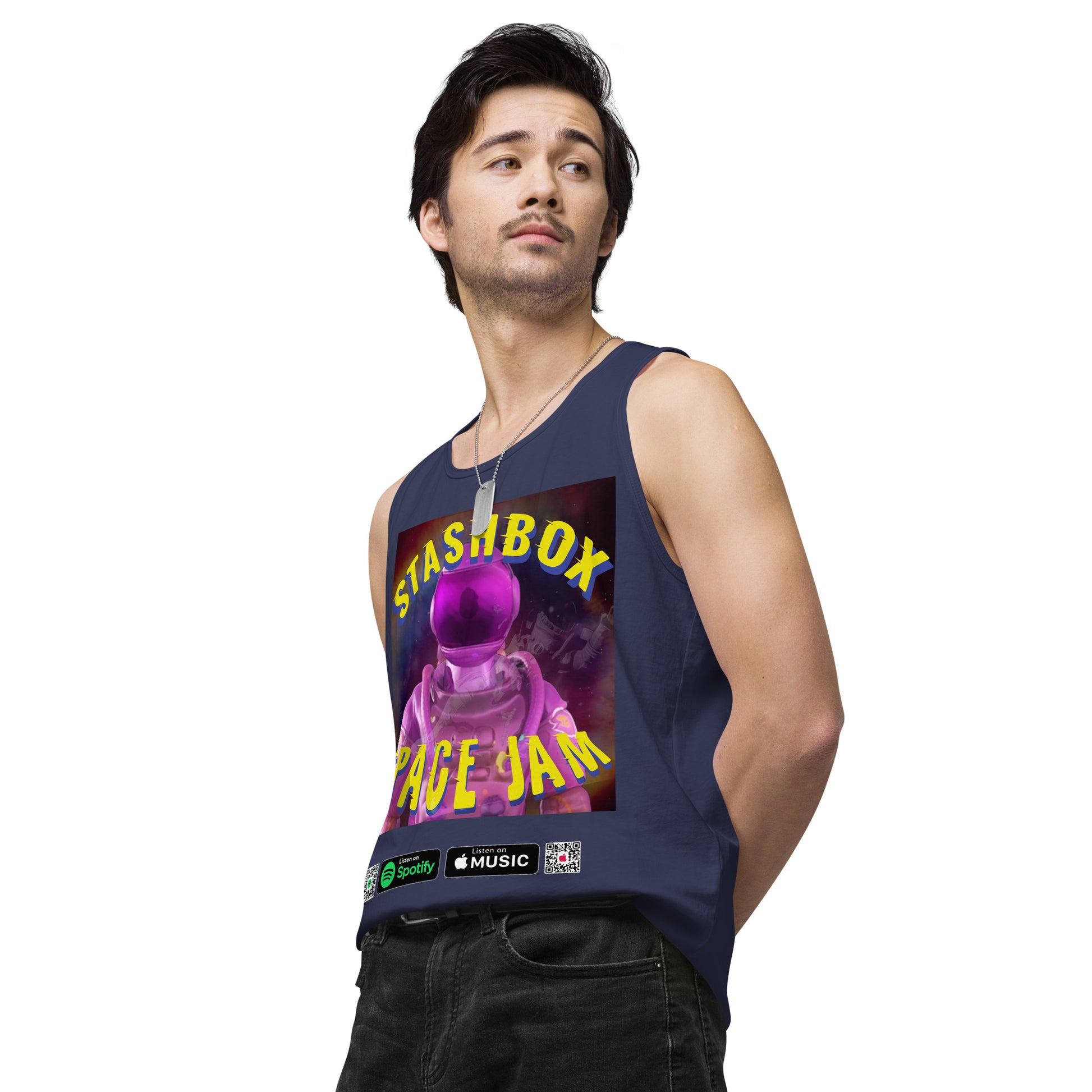 Fashion Beyond Earth: Space Jam - Stashbox Men’s Premium Tank Top, Design #005. Step into intergalactic fashion with this premium tank. A fusion of cosmic art and comfort, perfect for those who dream beyond the stars. #StashboxGalacticArt #SpaceEnthusiast #AstronomyFashion