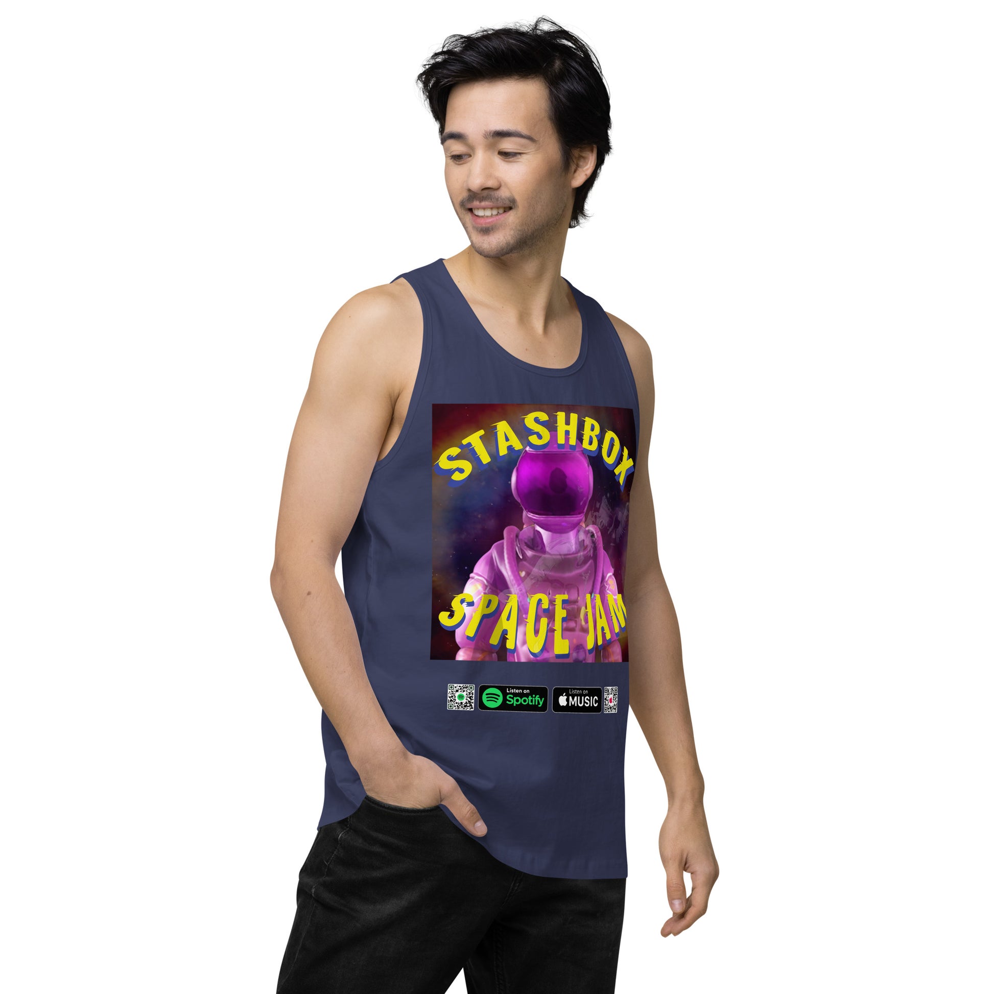 Fashion Beyond Earth: Space Jam - Stashbox Men’s Premium Tank Top, Design #005. Step into intergalactic fashion with this premium tank. A fusion of cosmic art and comfort, perfect for those who dream beyond the stars. #StashboxGalacticArt #SpaceEnthusiast #AstronomyFashion