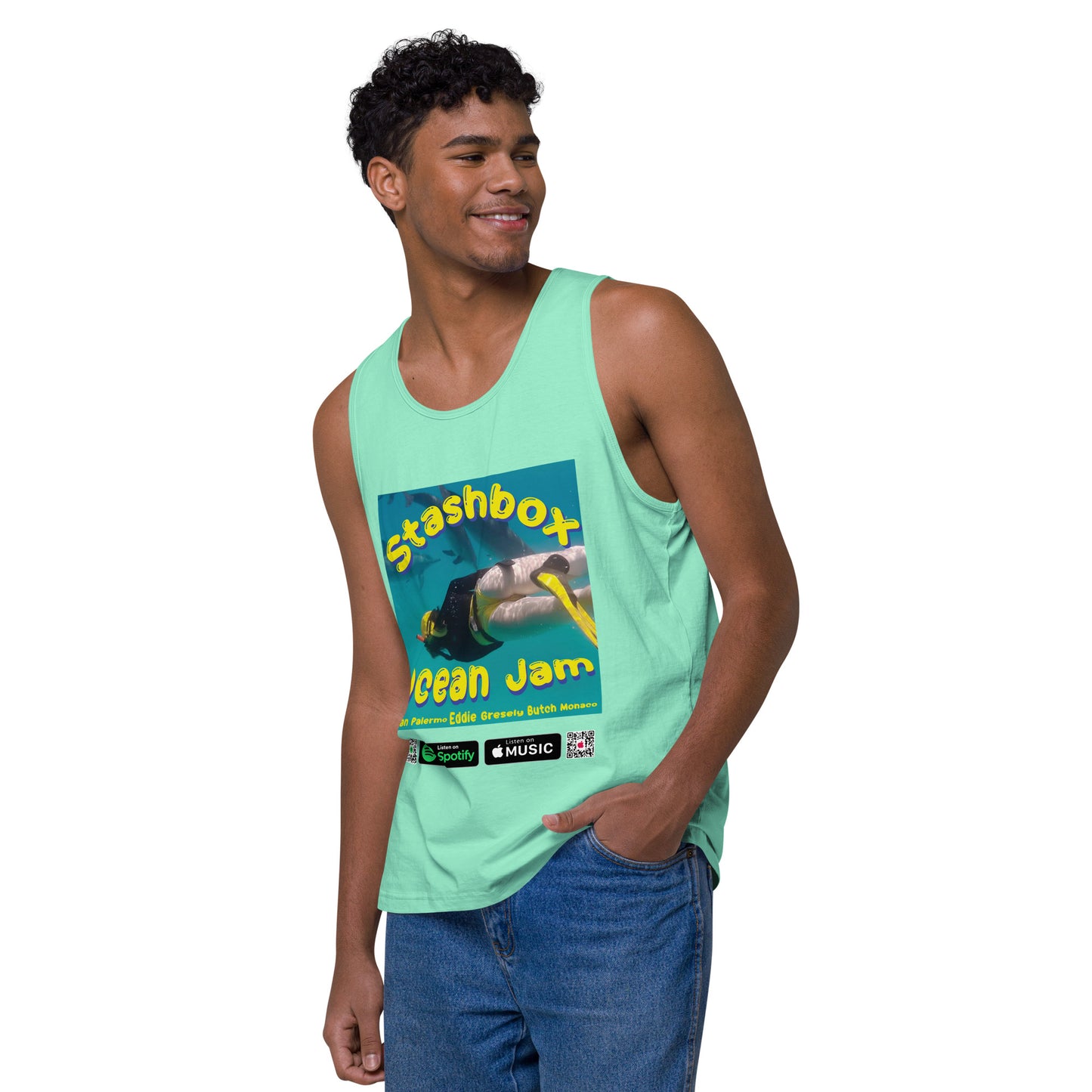 Dive into musical vibes with our Ocean Jam Men’s Premium Tank Top, Design #017. Your fashion, your gateway to musical expression, exclusively at Stashbox.ai.