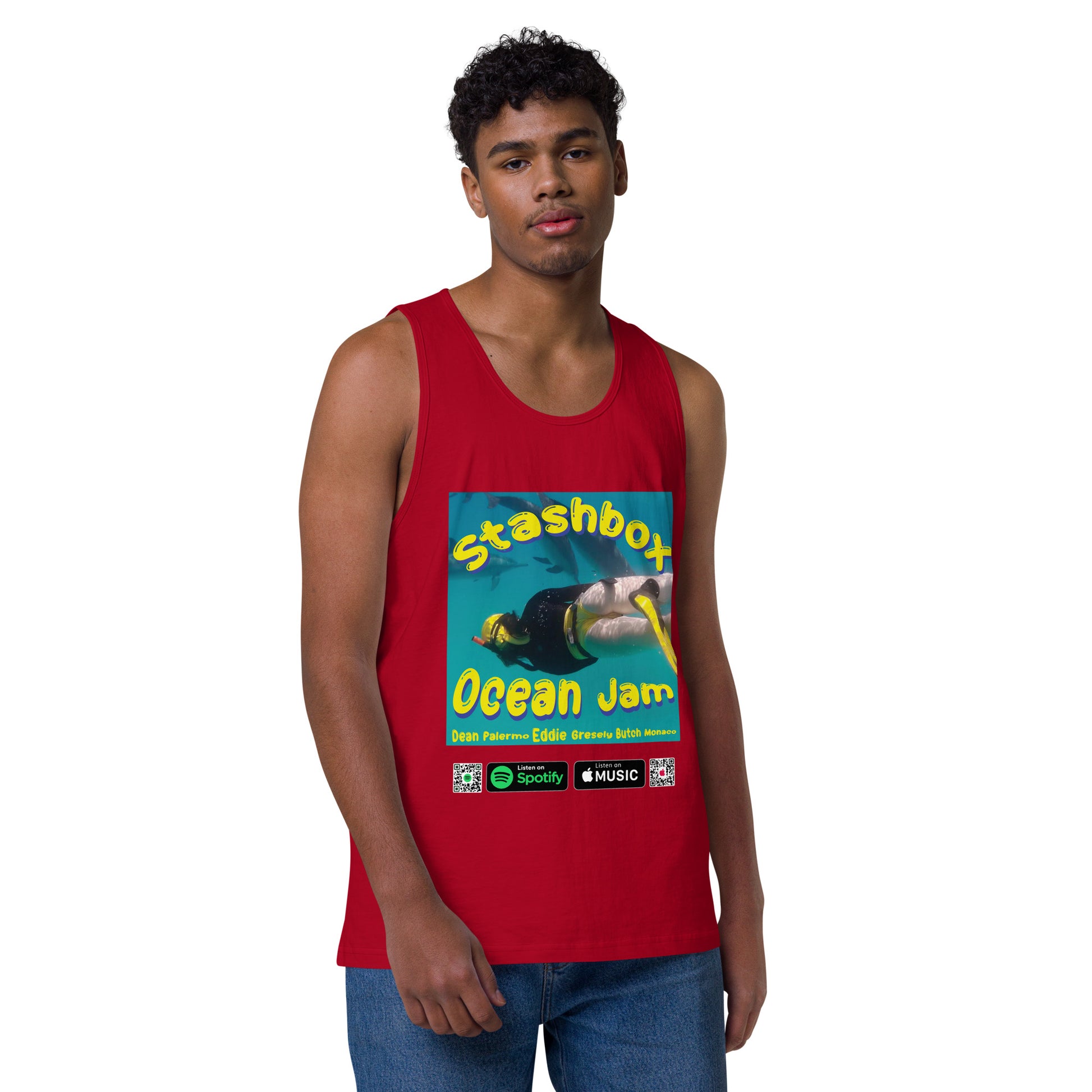 Dive into musical vibes with our Ocean Jam Men’s Premium Tank Top, Design #017. Your fashion, your gateway to musical expression, exclusively at Stashbox.ai.