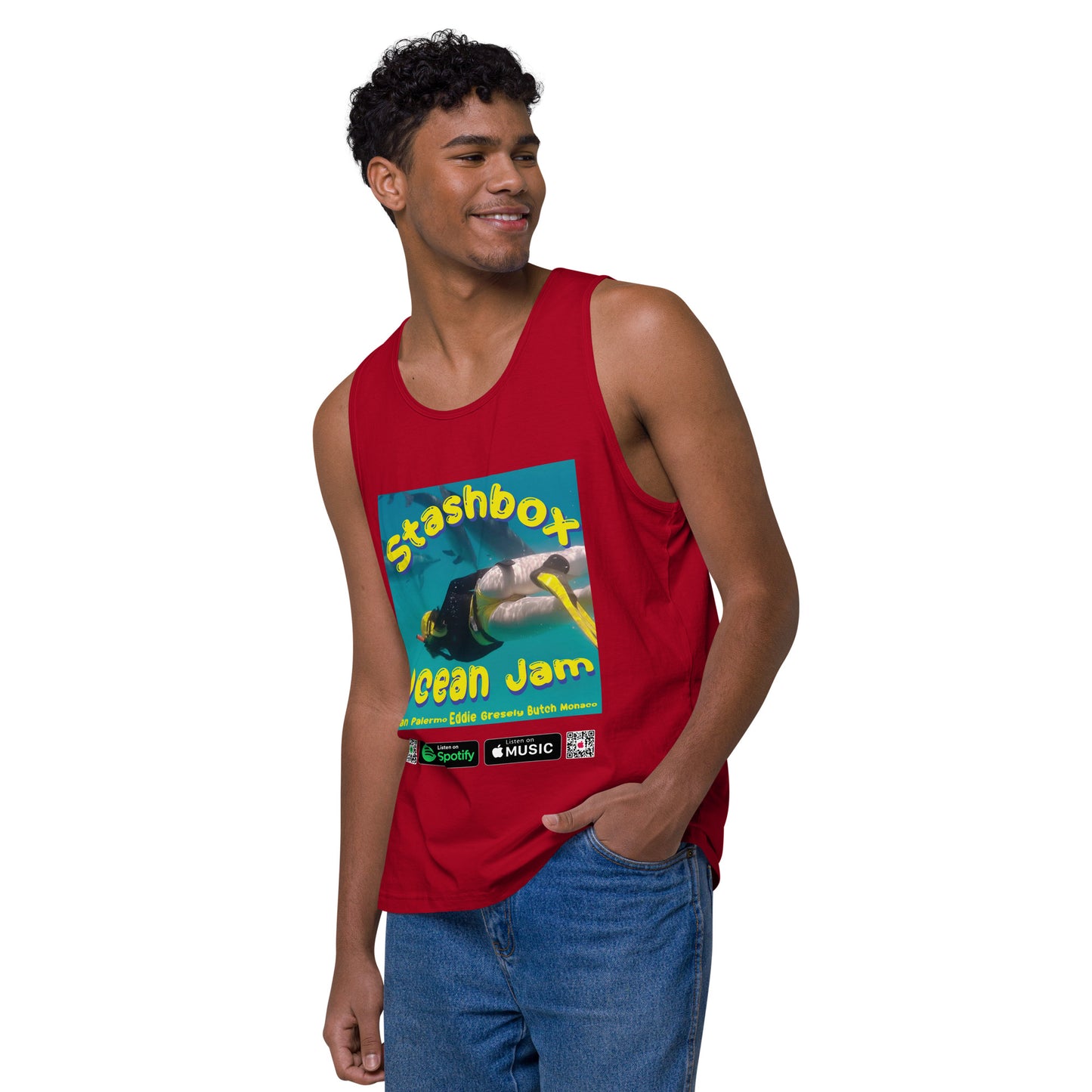 Dive into musical vibes with our Ocean Jam Men’s Premium Tank Top, Design #017. Your fashion, your gateway to musical expression, exclusively at Stashbox.ai.