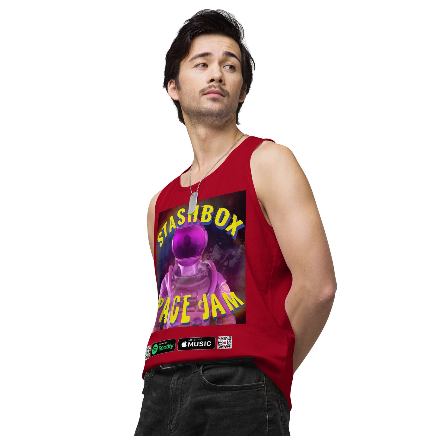 Fashion Beyond Earth: Space Jam - Stashbox Men’s Premium Tank Top, Design #005. Step into intergalactic fashion with this premium tank. A fusion of cosmic art and comfort, perfect for those who dream beyond the stars. #StashboxGalacticArt #SpaceEnthusiast #AstronomyFashion