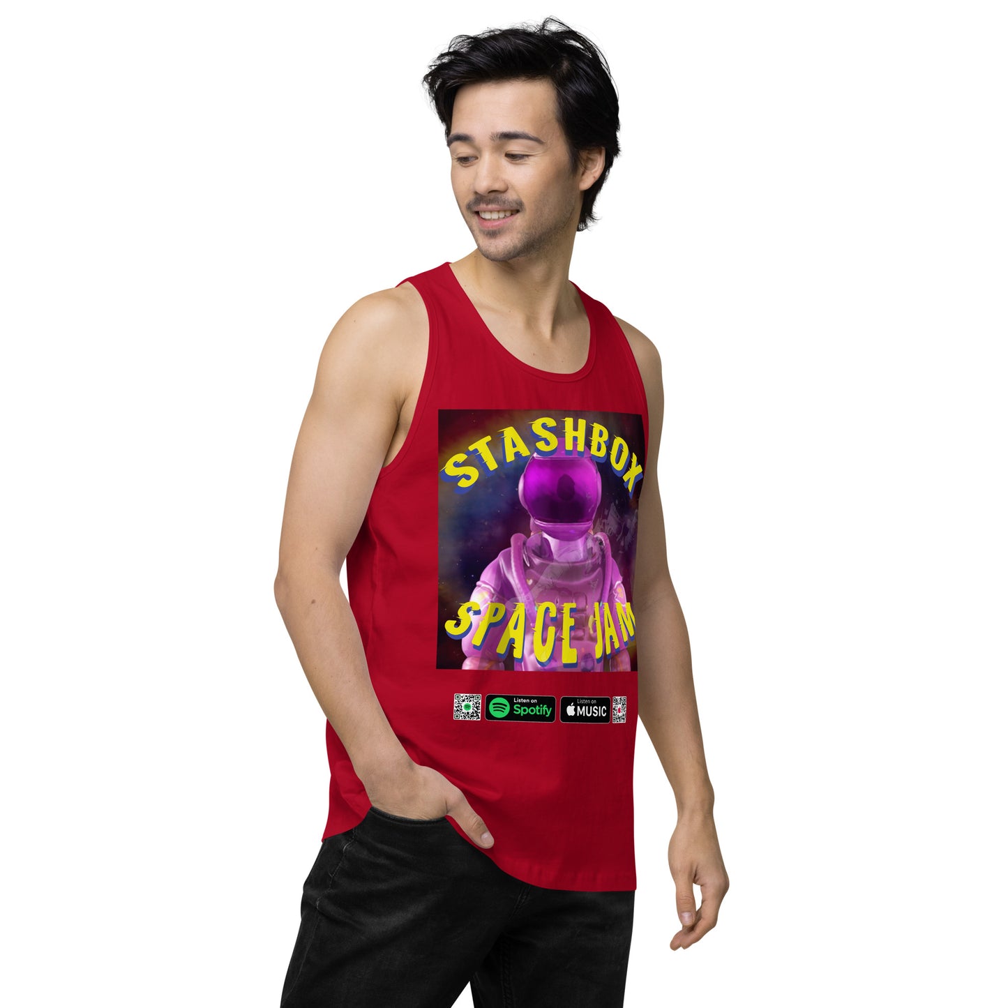 Beyond Gravity: Space Jam - Stashbox Men’s Premium Tank Top, Artwork #005. Elevate your wardrobe to intergalactic heights with this premium tank. A fusion of art and astronomy, perfect for those who find inspiration in the cosmos. #StashboxGalacticArt #SpaceFashion #AstronomyLovers