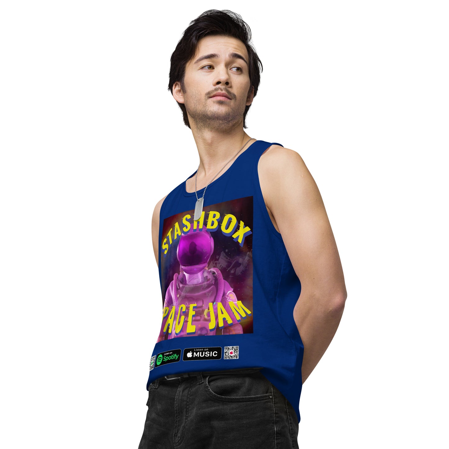 Fashion Beyond Earth: Space Jam - Stashbox Men’s Premium Tank Top, Design #005. Step into intergalactic fashion with this premium tank. A fusion of cosmic art and comfort, perfect for those who dream beyond the stars. #StashboxGalacticArt #SpaceEnthusiast #AstronomyFashion