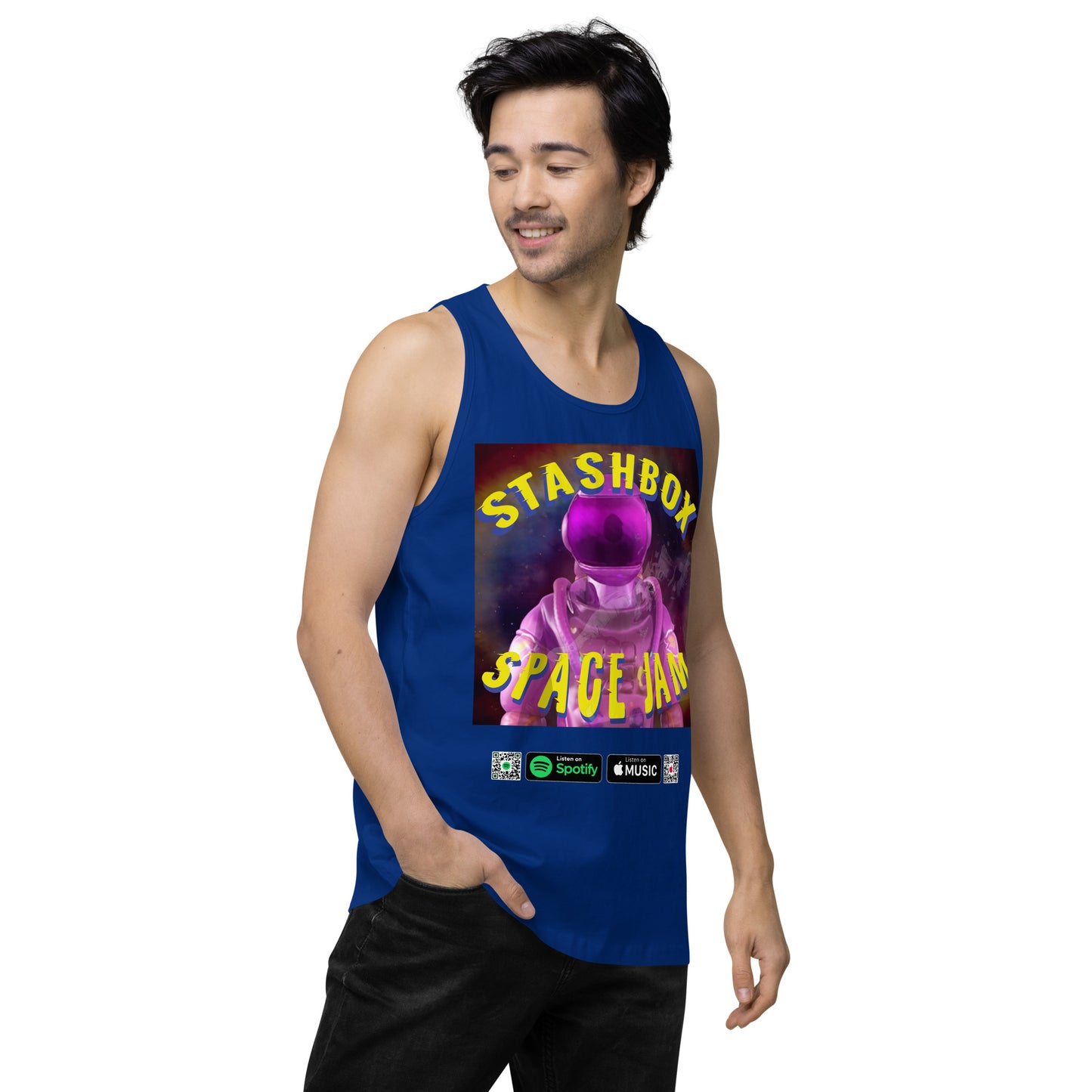 Stellar Wardrobe Addition: Space Jam - Stashbox Men’s Premium Tank Top, Design #005. Elevate your style with this cosmic tank top. Its captivating design blends art and astronomy, making it ideal for stargazers and fashion-forward individuals. #StashboxSpaceFashion #CelestialChic #GalacticComfort
