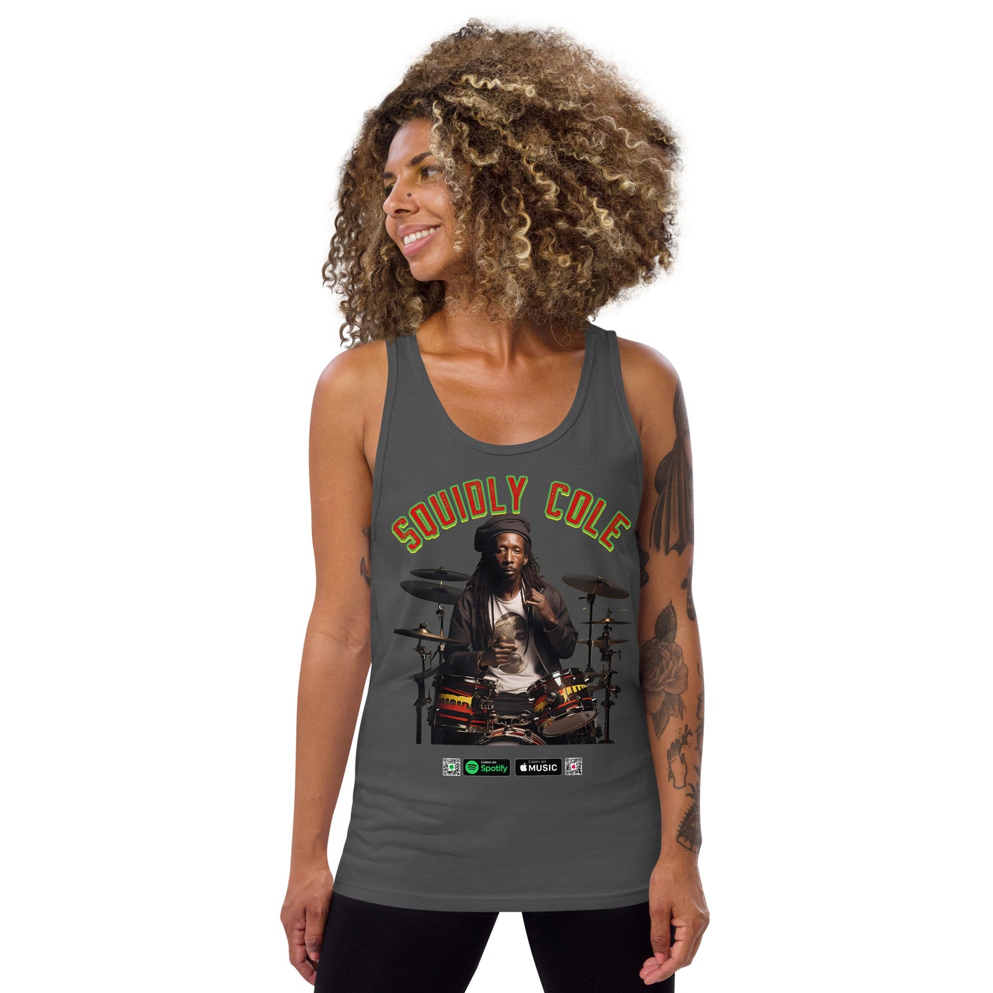 Squidly Cole's Reggae Drummer Tank: Dive into Music with Design #027. This tank top captures the essence of reggae beats. Feel the music, wear the style. Perfect for beach parties, concerts, and laid-back days. #SquidlyColeMusic #ReggaeRhythms #TankTopVibes