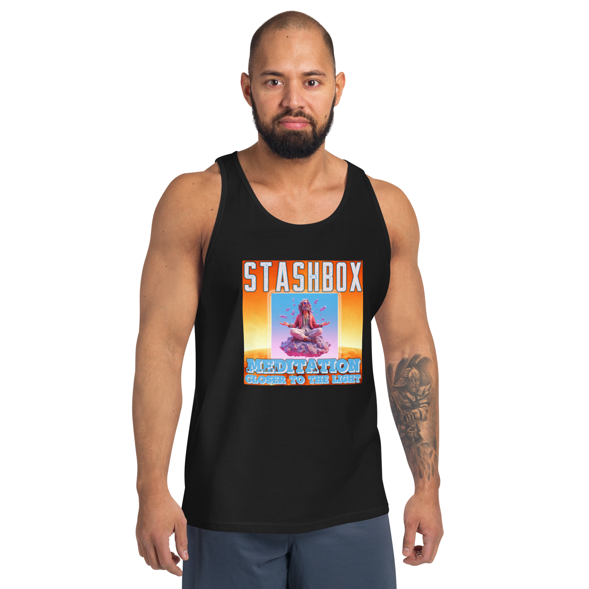 Find tranquility in our Meditation: Closer To the Light Men's Tanktop Shirt, Artwork #003 by Stashbox. Your attire, your path to inner peace, exclusively at Stashbox.ai.