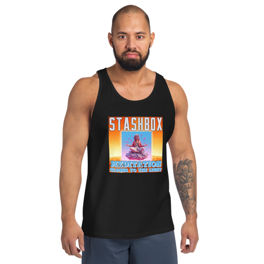 Find tranquility in our Meditation: Closer To the Light Men's Tanktop Shirt, Artwork #003 by Stashbox. Your attire, your path to inner peace, exclusively at Stashbox.ai.