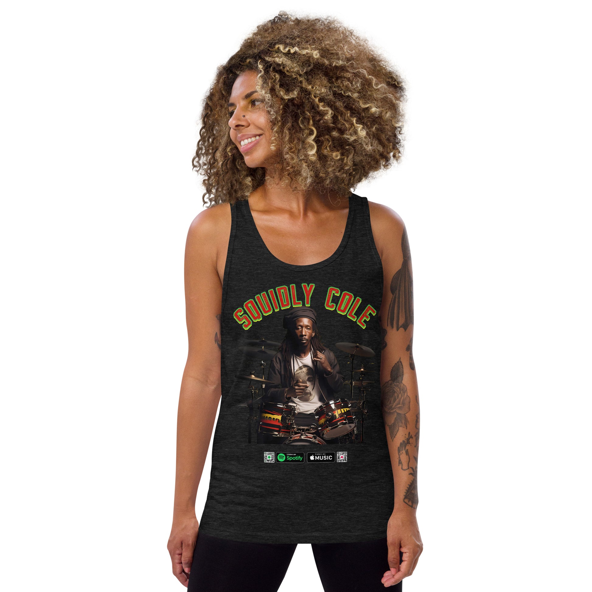 Squidly Cole's Reggae Drummer Tank: Dive into Music with Design #027. This tank top captures the essence of reggae beats. Feel the music, wear the style. Perfect for beach parties, concerts, and laid-back days. #SquidlyColeMusic #ReggaeRhythms #TankTopVibes