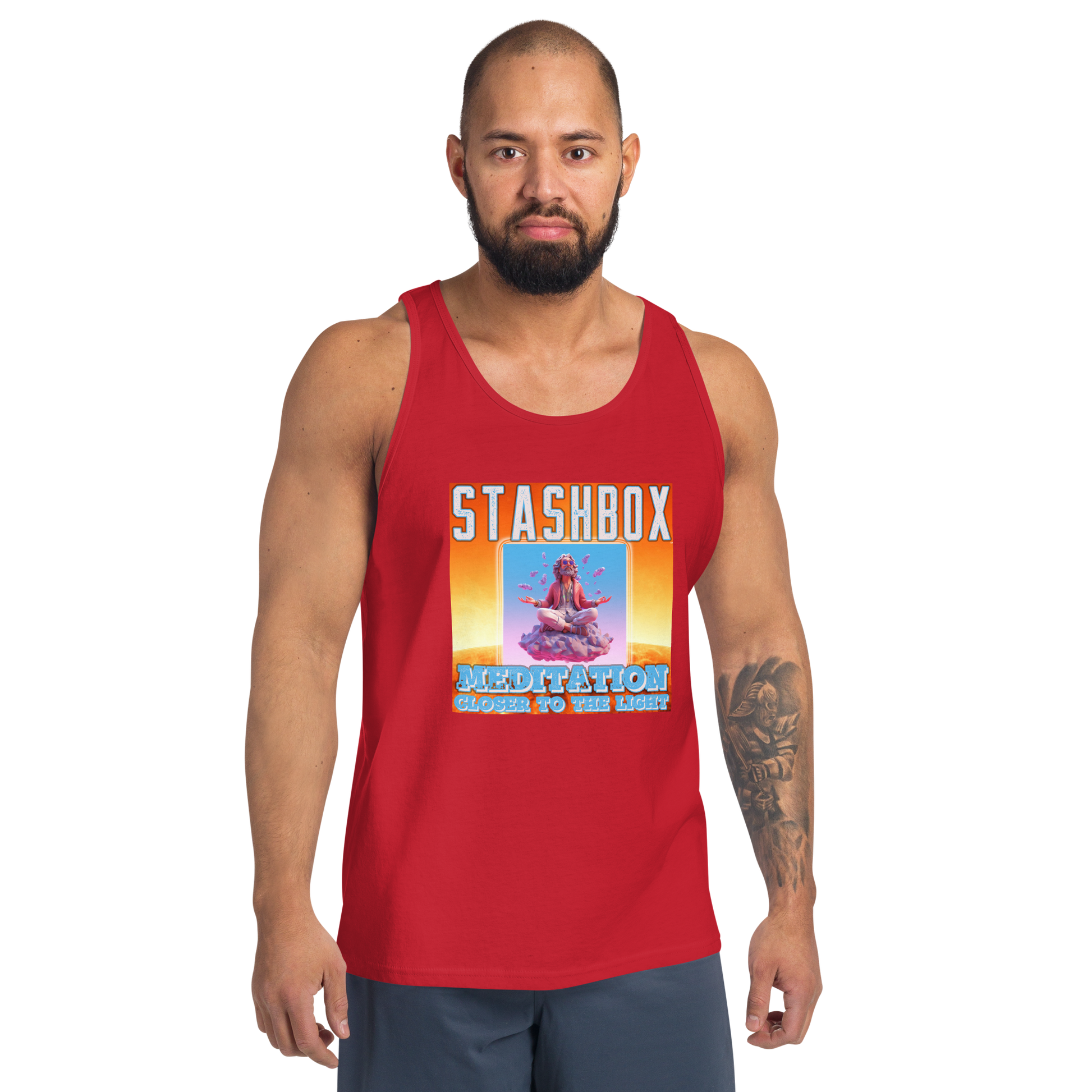 Discover serenity with our Meditation: Closer To the Light Men's Tanktop Shirt, Artwork #003 by Stashbox. Your wardrobe, your journey to mindfulness, exclusively at Stashbox.ai.