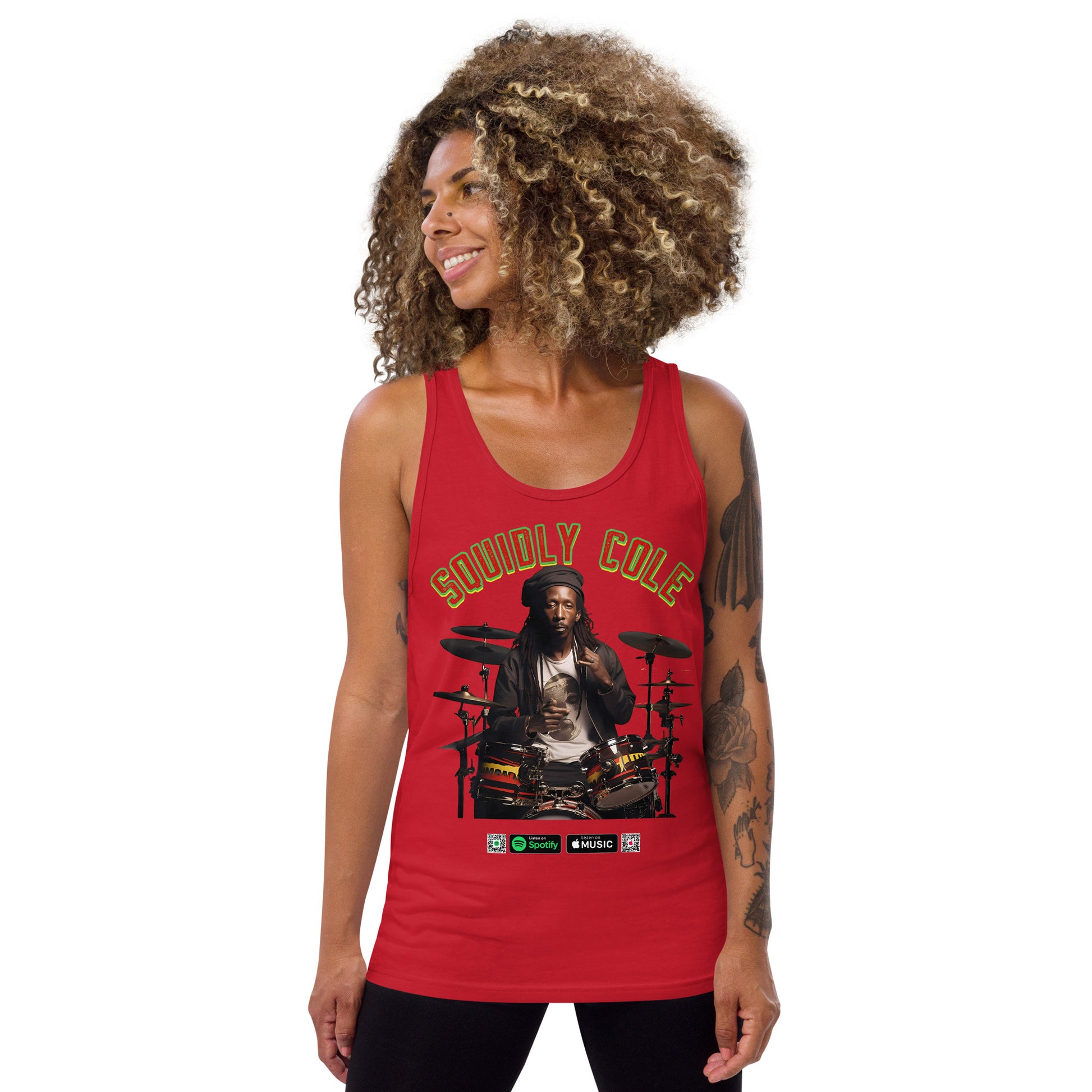 Reggae Beats, Stylish Threads: Reggae Drummer Squidly Cole Tank Top - Design #027. Channel the rhythm with this cool tank. Ideal for music enthusiasts and those who love to vibe. Stay fashionable, stay musical. #MusicInspiredFashion #SquidlyColeBeats #ReggaeStyle