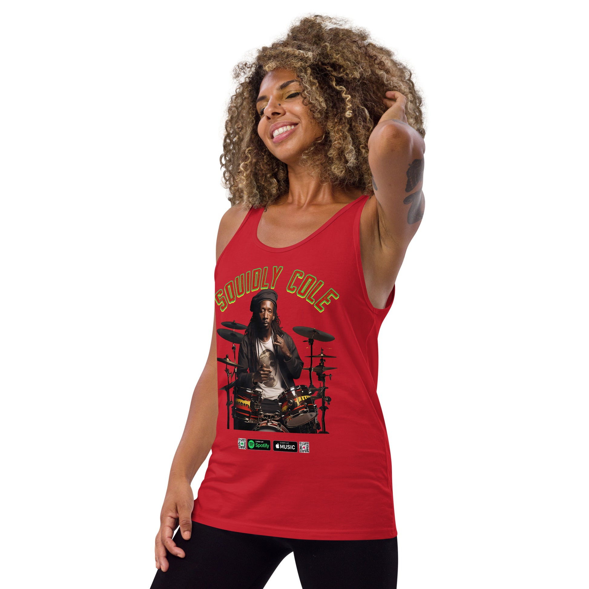 Reggae Beats, Stylish Threads: Reggae Drummer Squidly Cole Tank Top - Design #027. Channel the rhythm with this cool tank. Ideal for music enthusiasts and those who love to vibe. Stay fashionable, stay musical. #MusicInspiredFashion #SquidlyColeBeats #ReggaeStyle