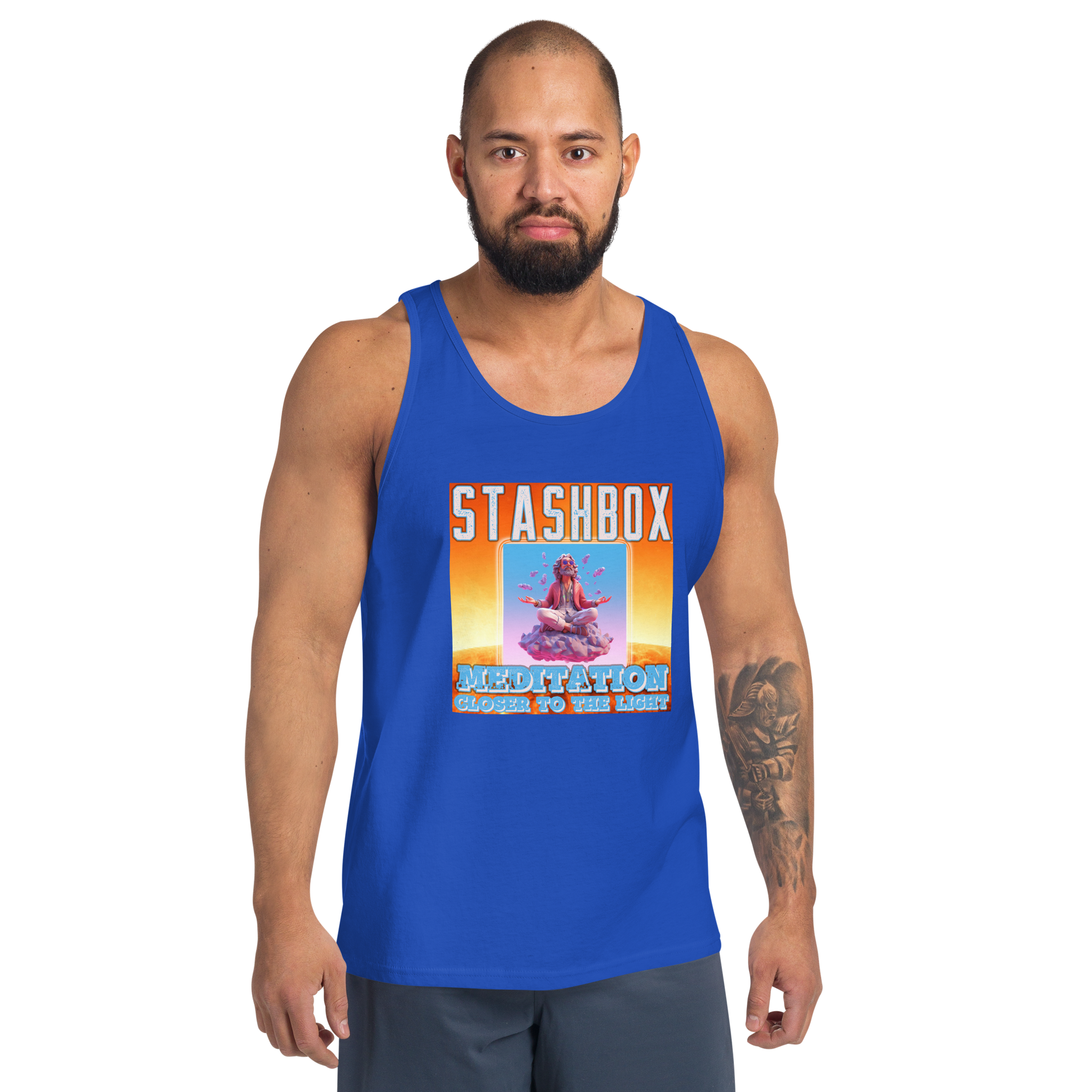 Discover serenity with our Meditation: Closer To the Light Men's Tanktop Shirt, Artwork #003 by Stashbox. Your wardrobe, your journey to mindfulness, exclusively at Stashbox.ai.