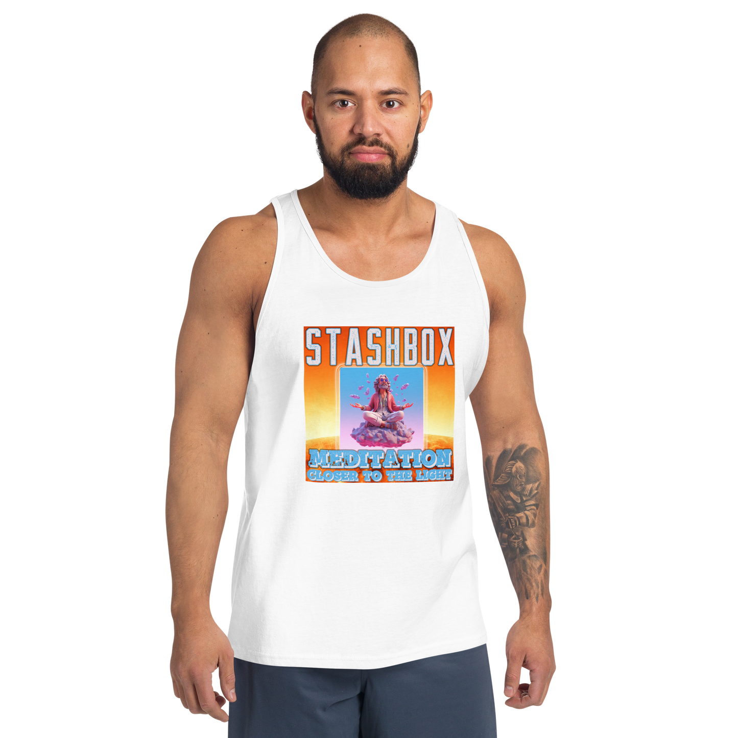 Immerse yourself in calmness with our Artwork #003 Meditation: Closer To the Light Men's Tanktop Shirt. Your clothing, your embrace of inner stillness, exclusively at Stashbox.ai.