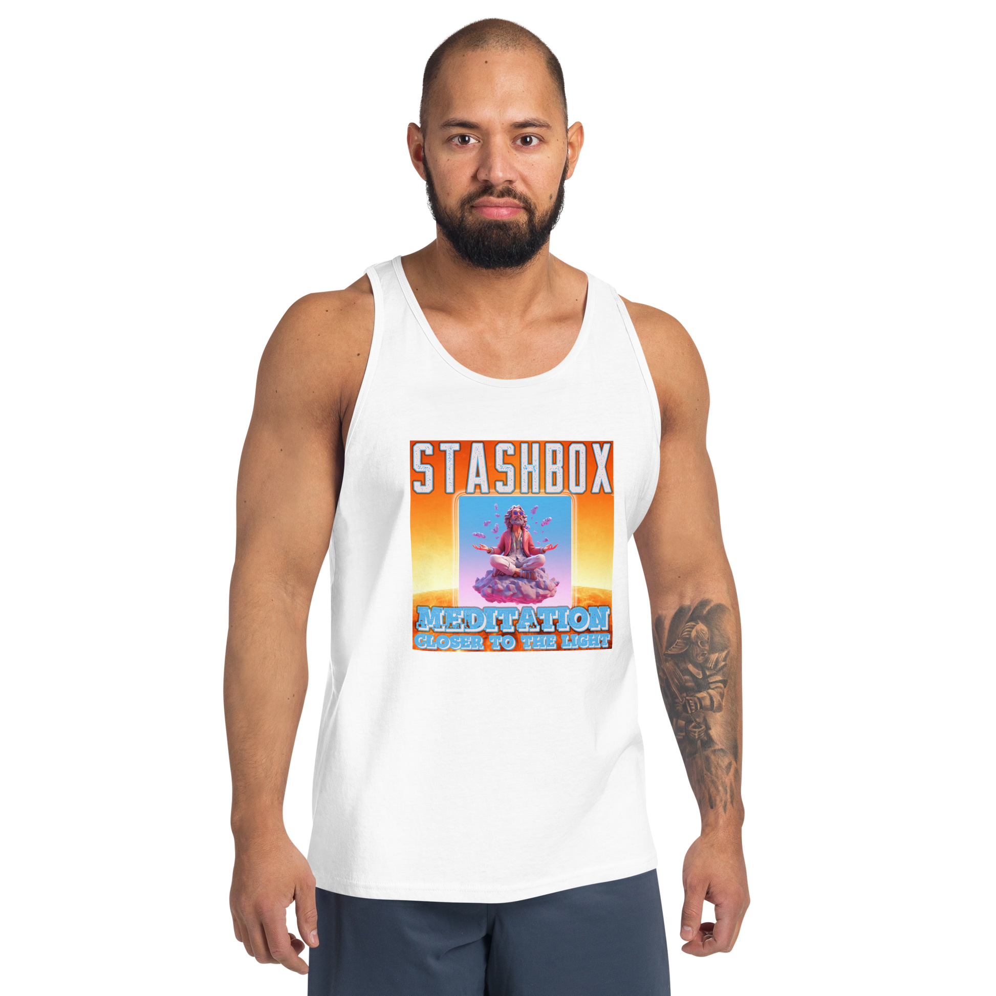 Immerse yourself in calmness with our Artwork #003 Meditation: Closer To the Light Men's Tanktop Shirt. Your clothing, your embrace of inner stillness, exclusively at Stashbox.ai.
