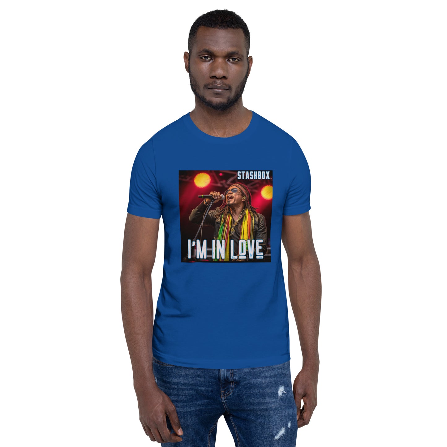blue Reggae Lead Singer Embrace love and fashion with our Design #006 Unisex T-shirt. Your wardrobe, your love affair, exclusively at Stashbox.ai.