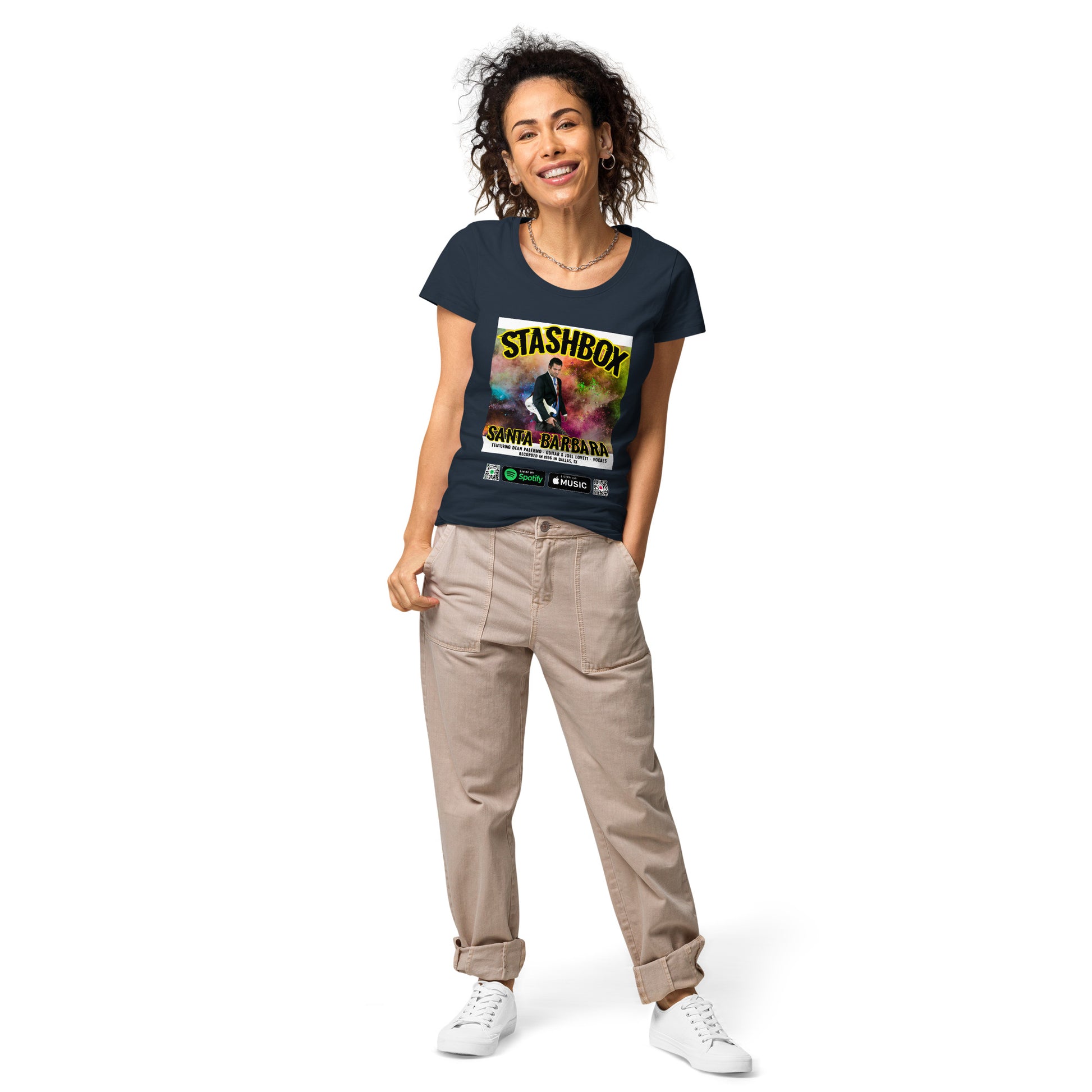 Santa Barbara Shoreline: Stashbox Women’s Basic Organic T-Shirt - Design #025. Coastal charm, exclusively at Stashbox.ai.