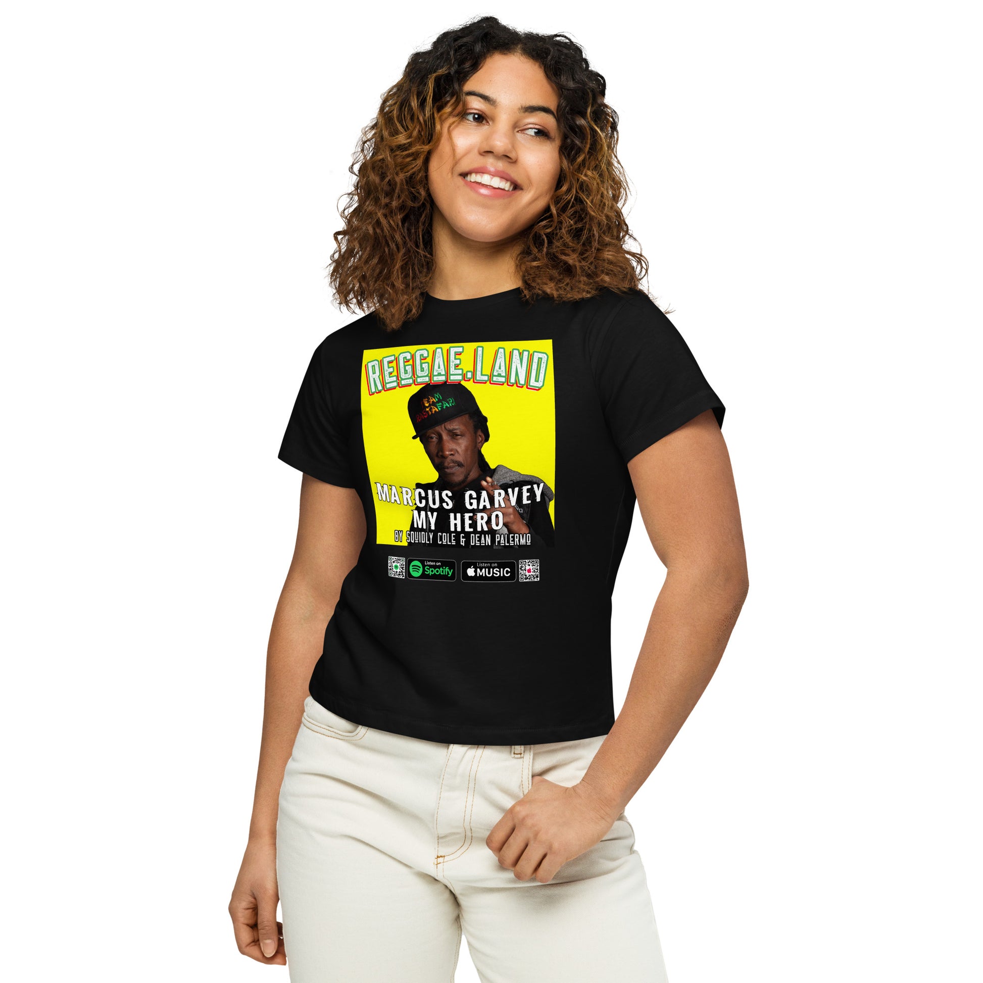 Empower with Garvey: Reggae.Land Women's High-Waisted T-Shirt - Artwork #010. Elevate your style, exclusively at Stashbox.ai.